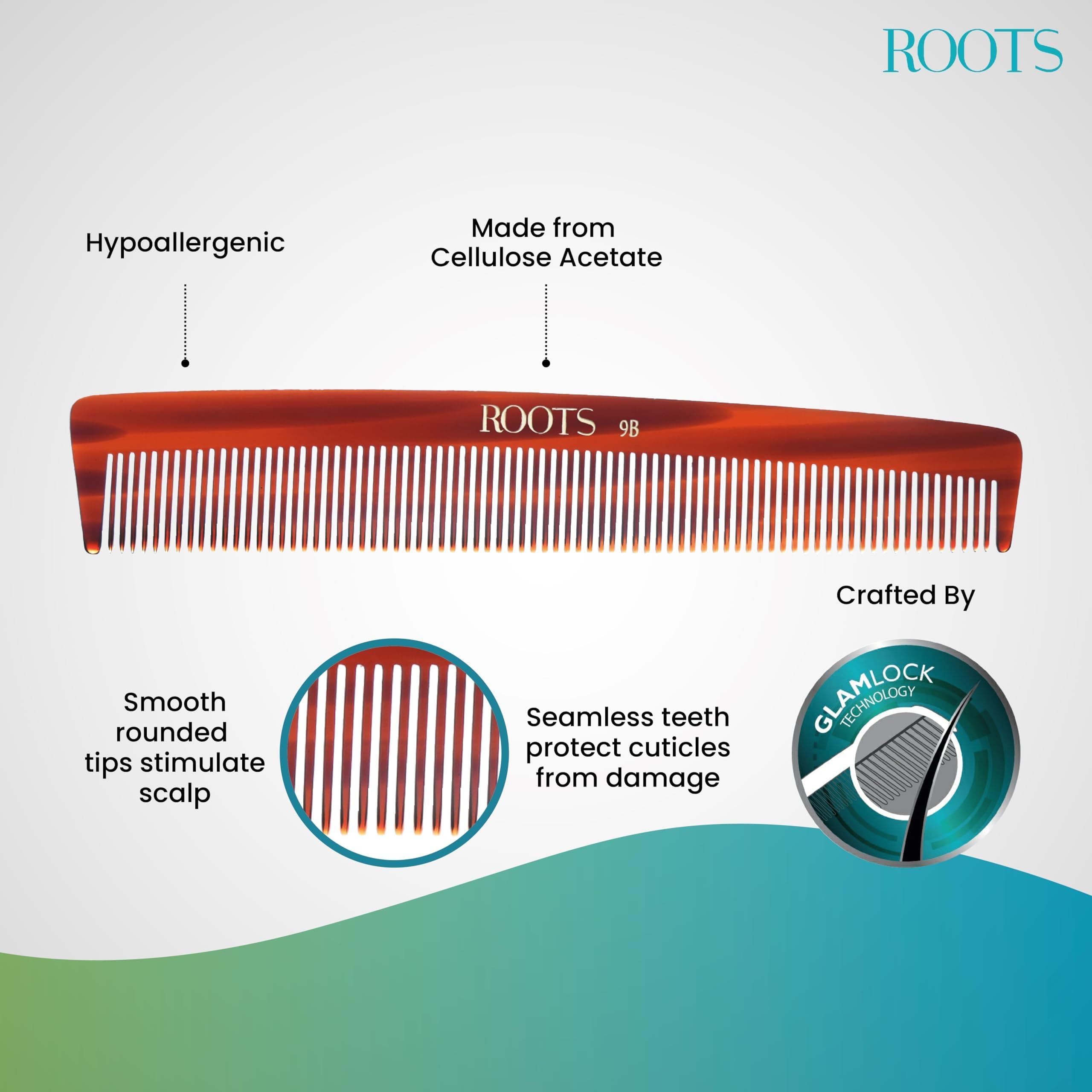 ROOTS Comb | Fine Teeth For Styling & Detangling | Smooth & Round Teeth prevent Hair & Scalp damage | For Women with Straight, Long, Silky, Wavy Hair | Wet & Dry use | Length - 6.4 Inch | Model No - 9B