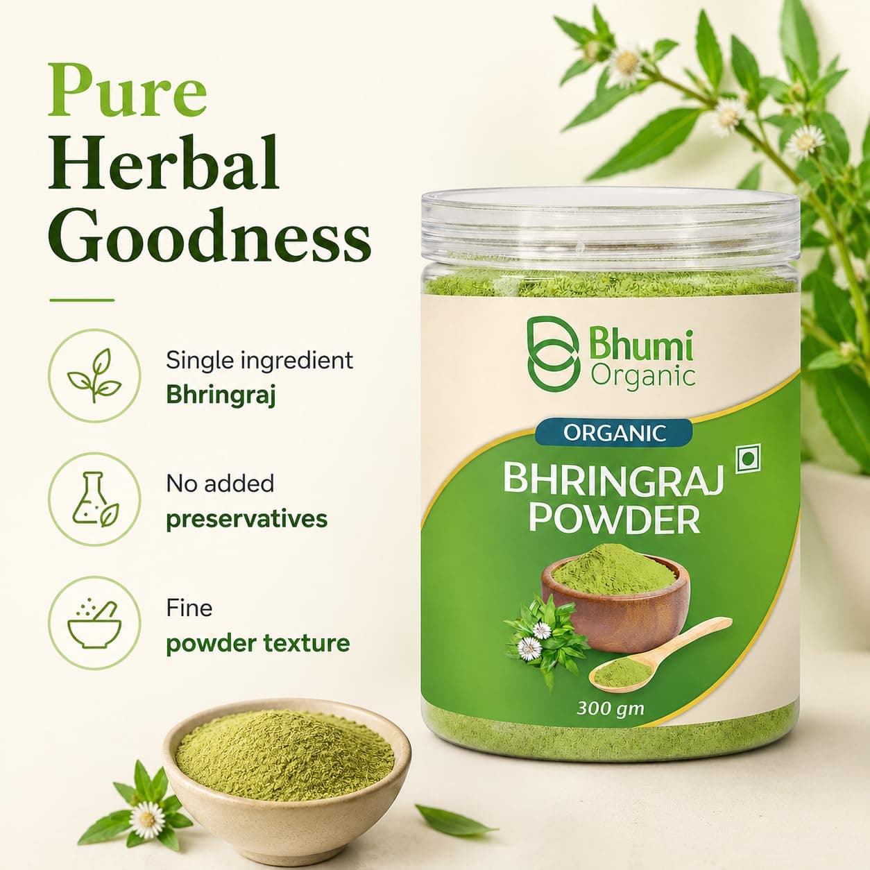 Bhumi Organic Natural Bhringraj Powder for Hair Growth (200 Grams)
