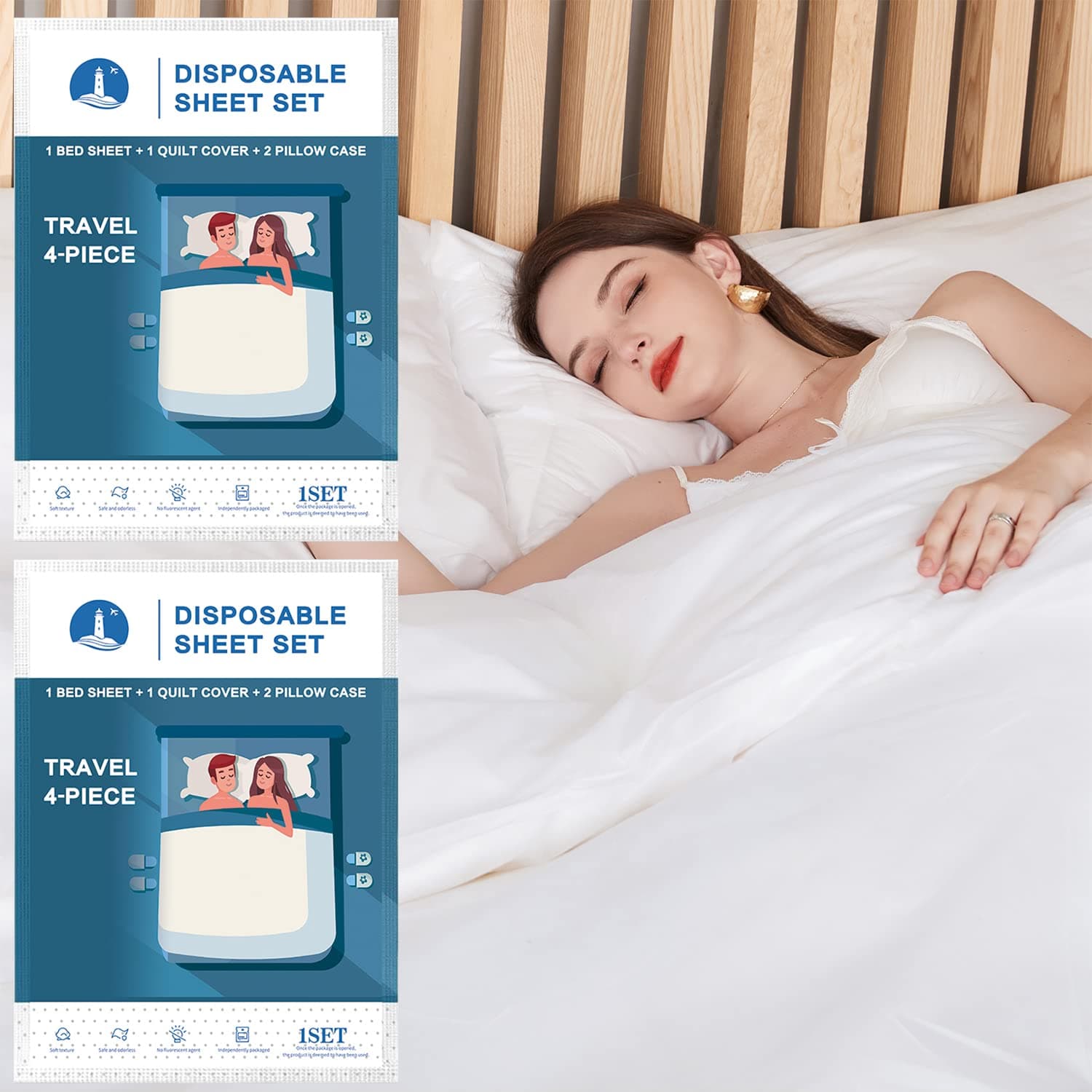 2 Pack Portable Bed Sheets - Disposable Bedding Set for Hotel & Travel - One Time Use Bedsheet, Pillow Case, Quilt Cover