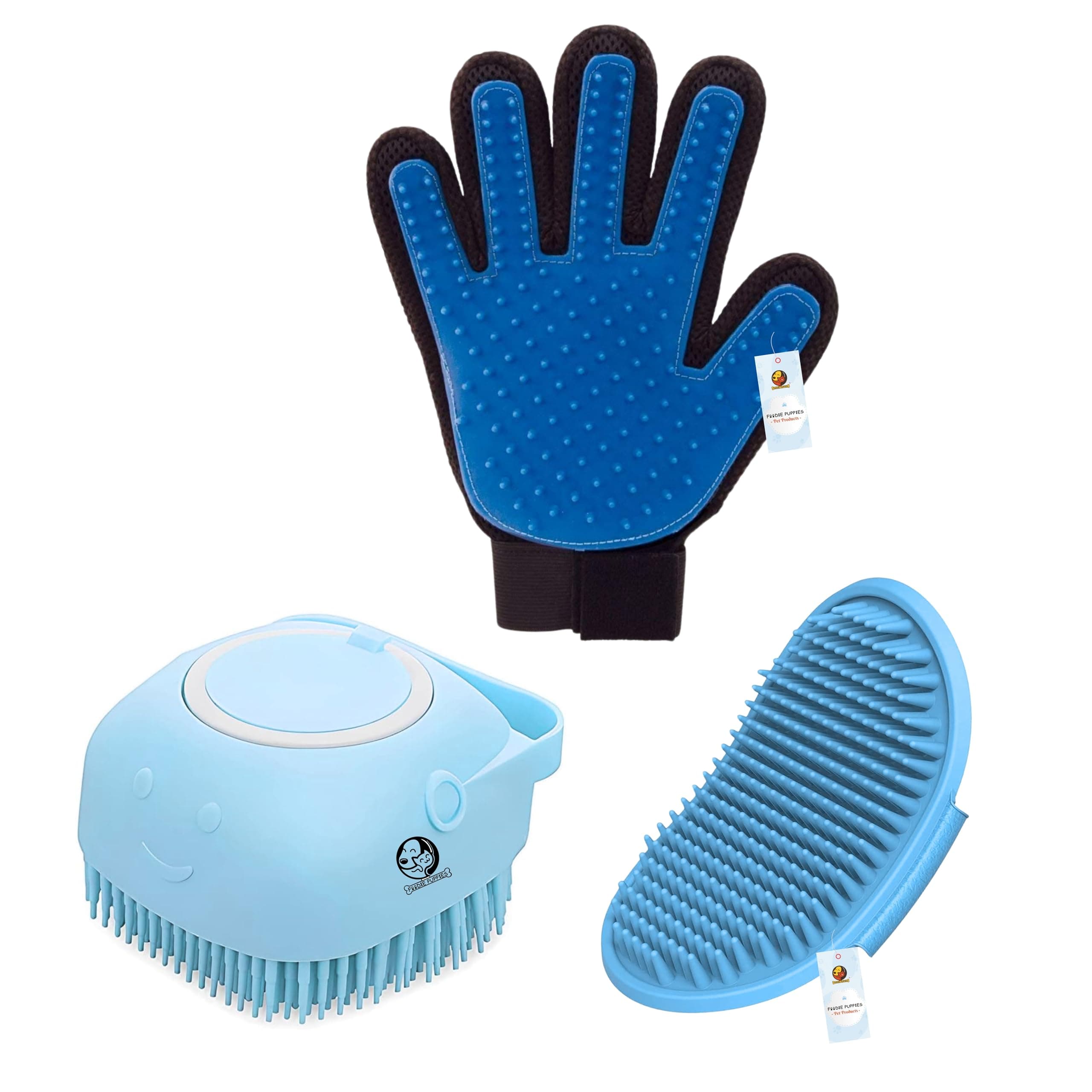 Foodie Puppies 3in1 Pet Grooming, Deshedding & Massaging Combo - (True Touch Glove+ Hand Glove + Shampoo Dispenser) for Dogs Cats and Other Small Animals, Cleaning Remove Hair and Bath