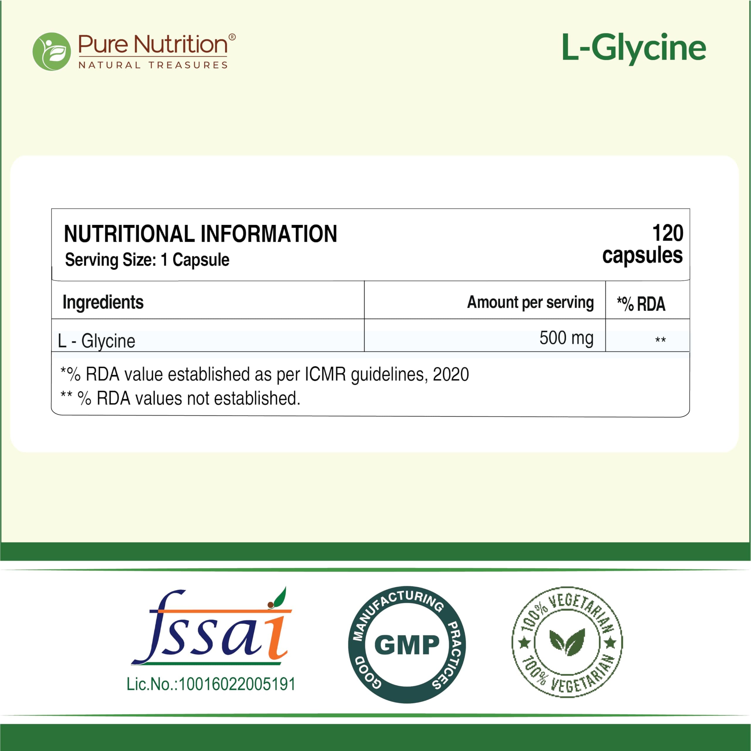 Pure Nutrition L Glycine Supplement (500mg) 120 veg Capsules | Supports Muscle Health, Brain & Sleep Health | Support Strong Immune System & Cellular Health