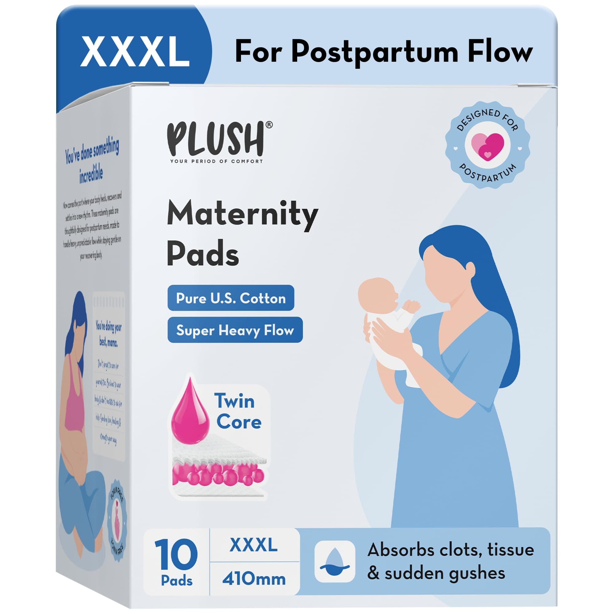 Plush Maternity Pads after Delivery, 10 Pcs (410 mm) | Twin Core Absorption XXXL Pads | For Postpartum Bleeding, Absorbs Heavy Gushes & Clots | U.S. Cotton Softness | Breathable & Rash-Free | Safe for Healing Skin