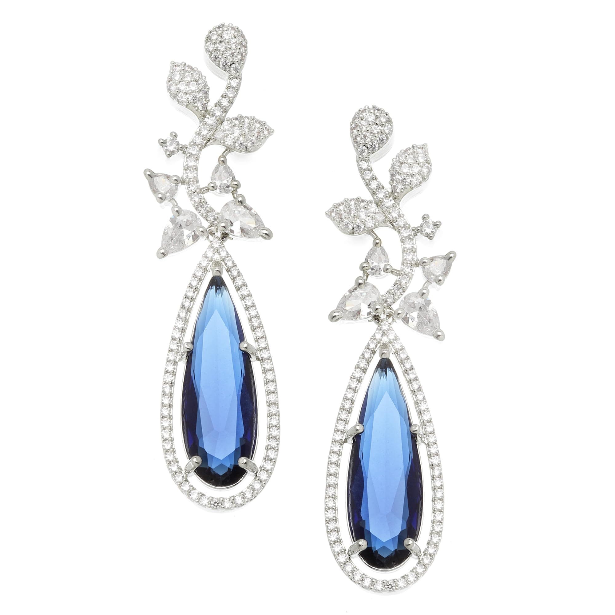 ZENEME Rhodium-Plated American Diamond Studded Teardrop & Leaf Shaped Drop Earrings For Girls and Women