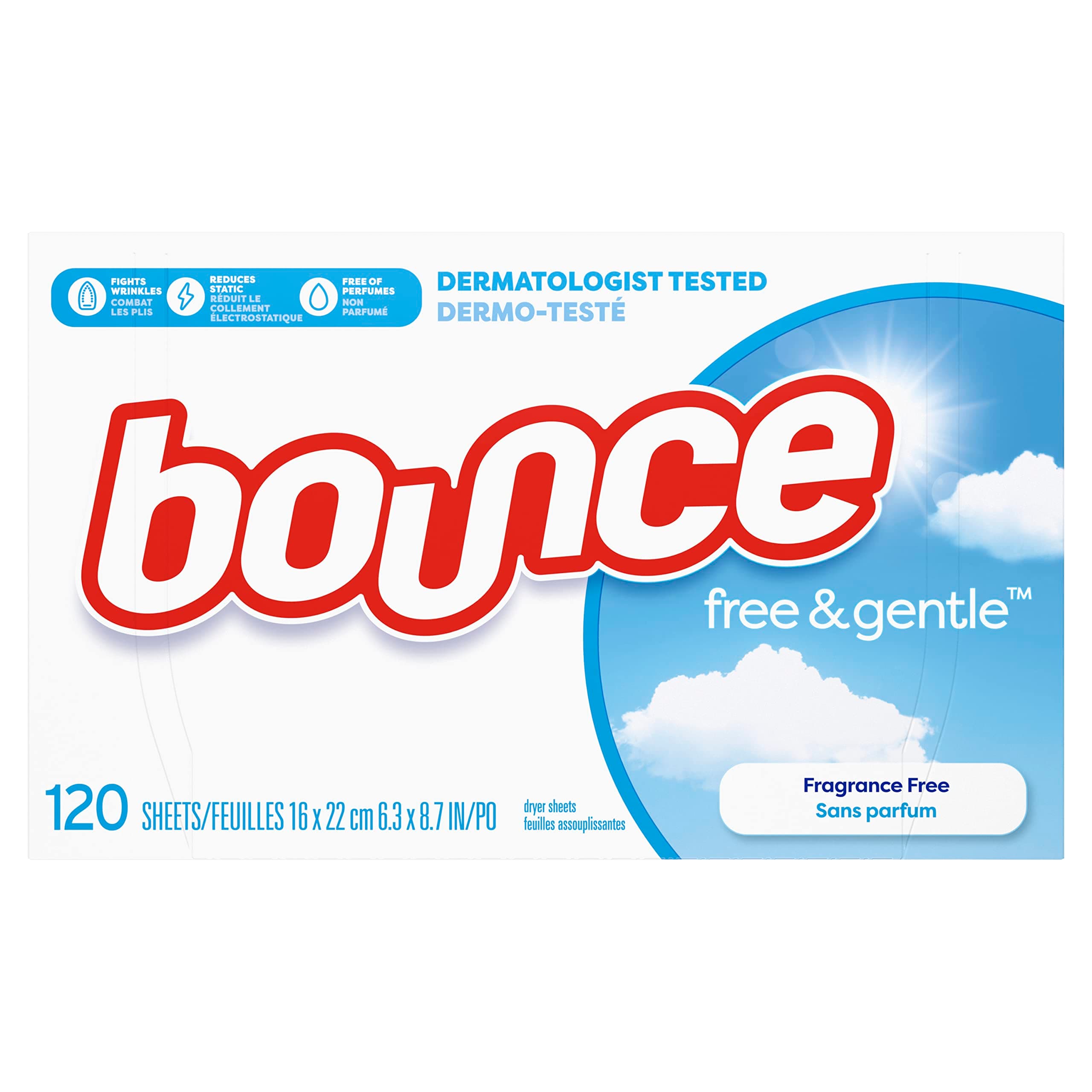 Bounce Fabric Softener Dryer Sheets, Free & Gentle, 120 Count