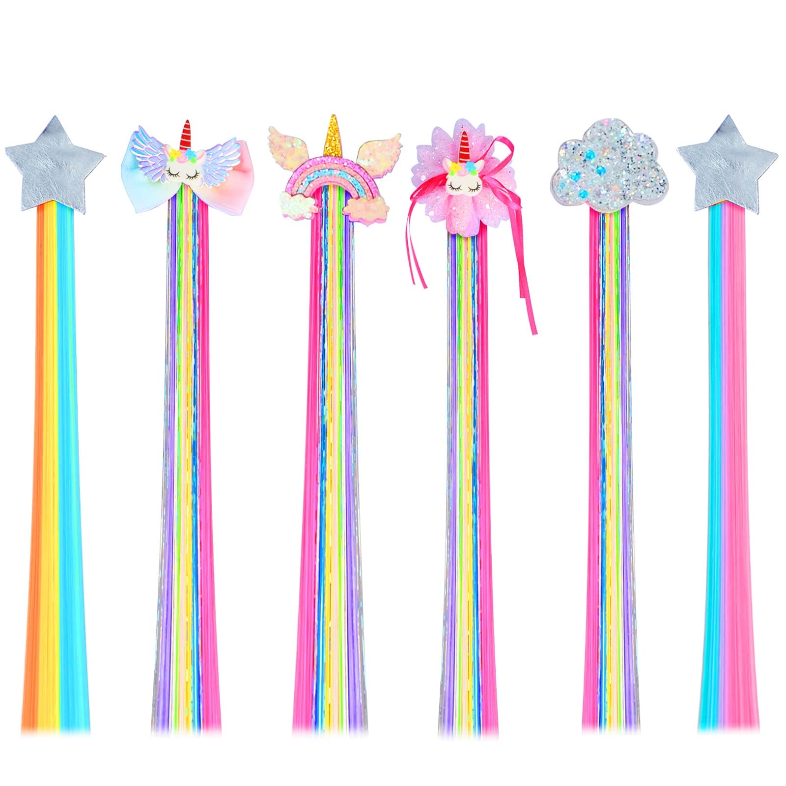 Little World 6 Pcs Hair Clips for Girls, 15in Rainbow Hair Extensions, Little Girl Unicorn Hair Clips, Colored Hair Accessories for Toddler Kids Girls Ponytails, Gift Idea for Christmas