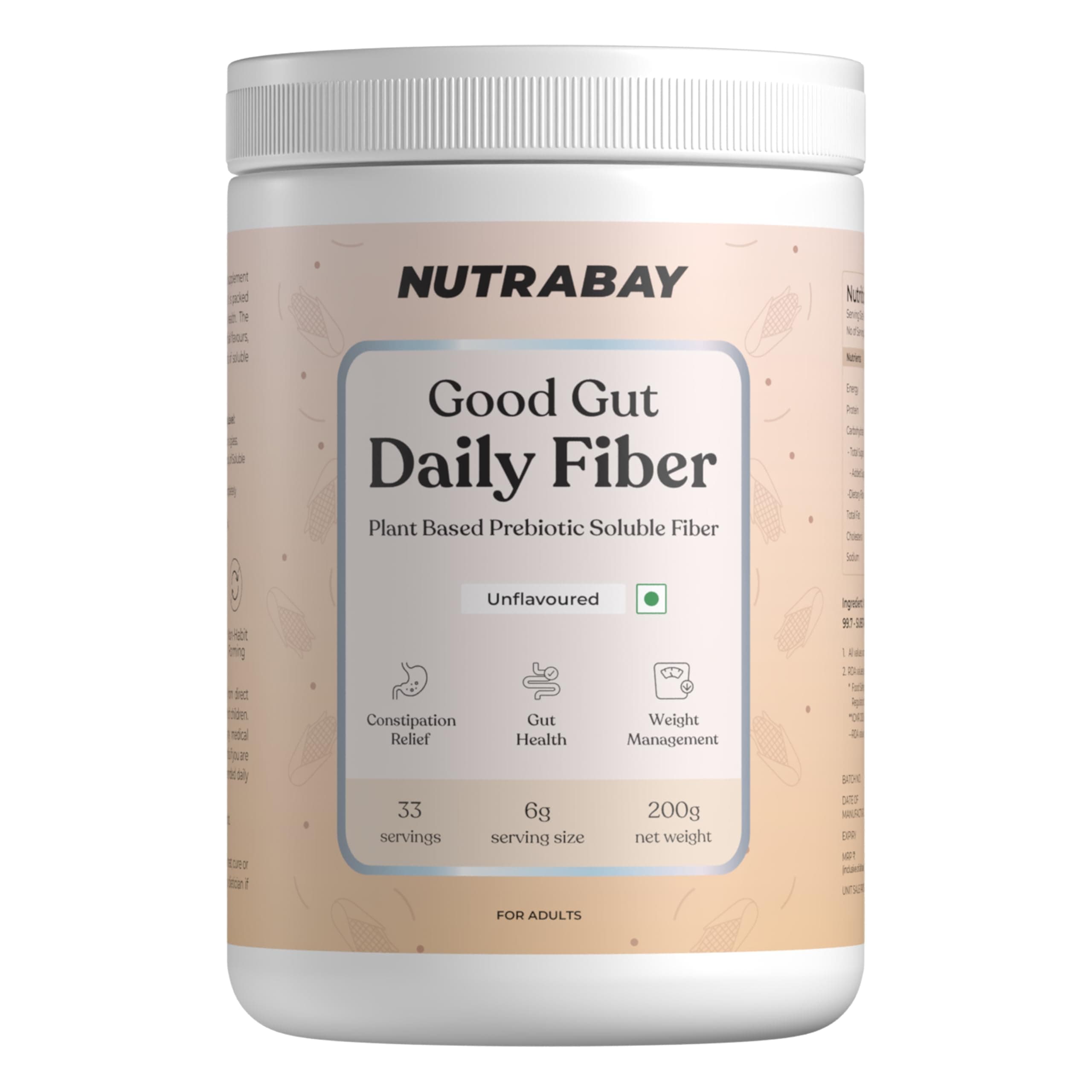 Nutrabay Good Gut Daily Fiber - 200 gm | 33 Servings | Unflavoured | Weight Management, Manages Sugar Control, Bloating, Constipation & Acidity Relief | Plant Based Prebiotic Soluble Fiber