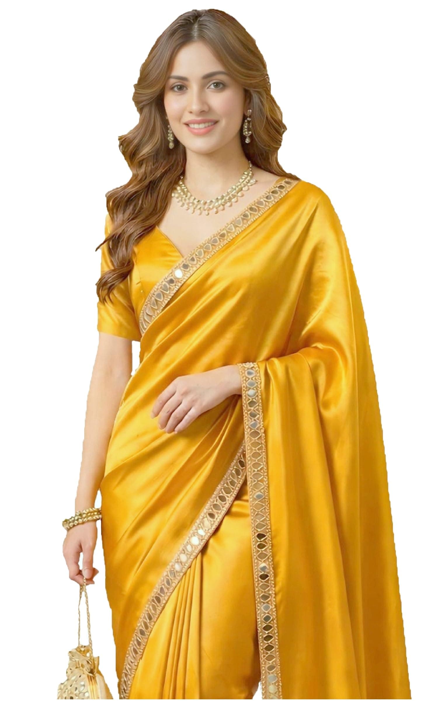 SHOPAZ Ready To Wear Saree For Women Yellow Satin SIlk Readymade Stitched Mirror Border With Unstitched Blouse
