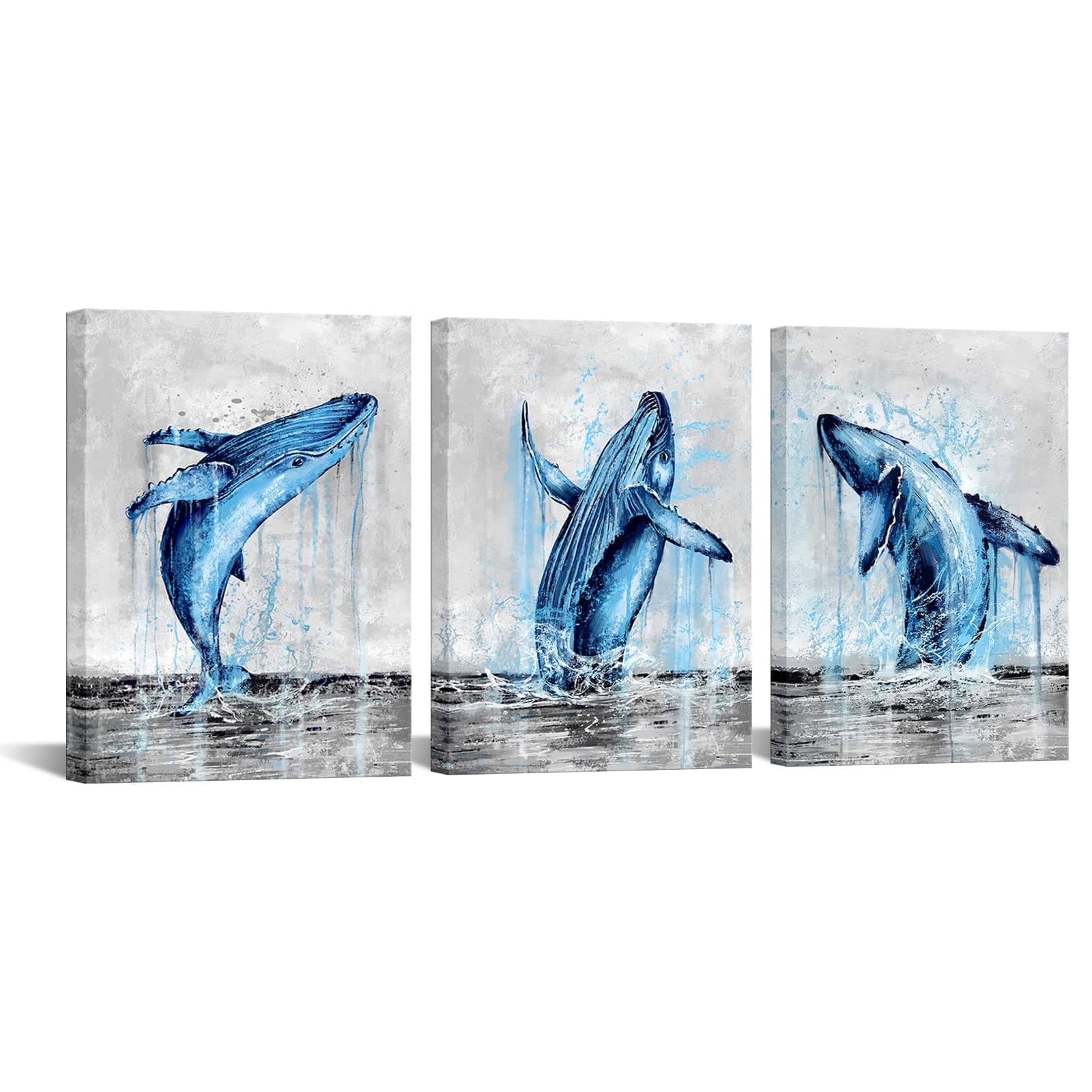 LevvArts Coastal Canvas Wall Art Blue and Grey Whale Paintings Pictures Modern Abstract Tropical Fish Poster Artwork with Frame for Bathroom Bedroom Living Room Decor 12x16inchx3pcs