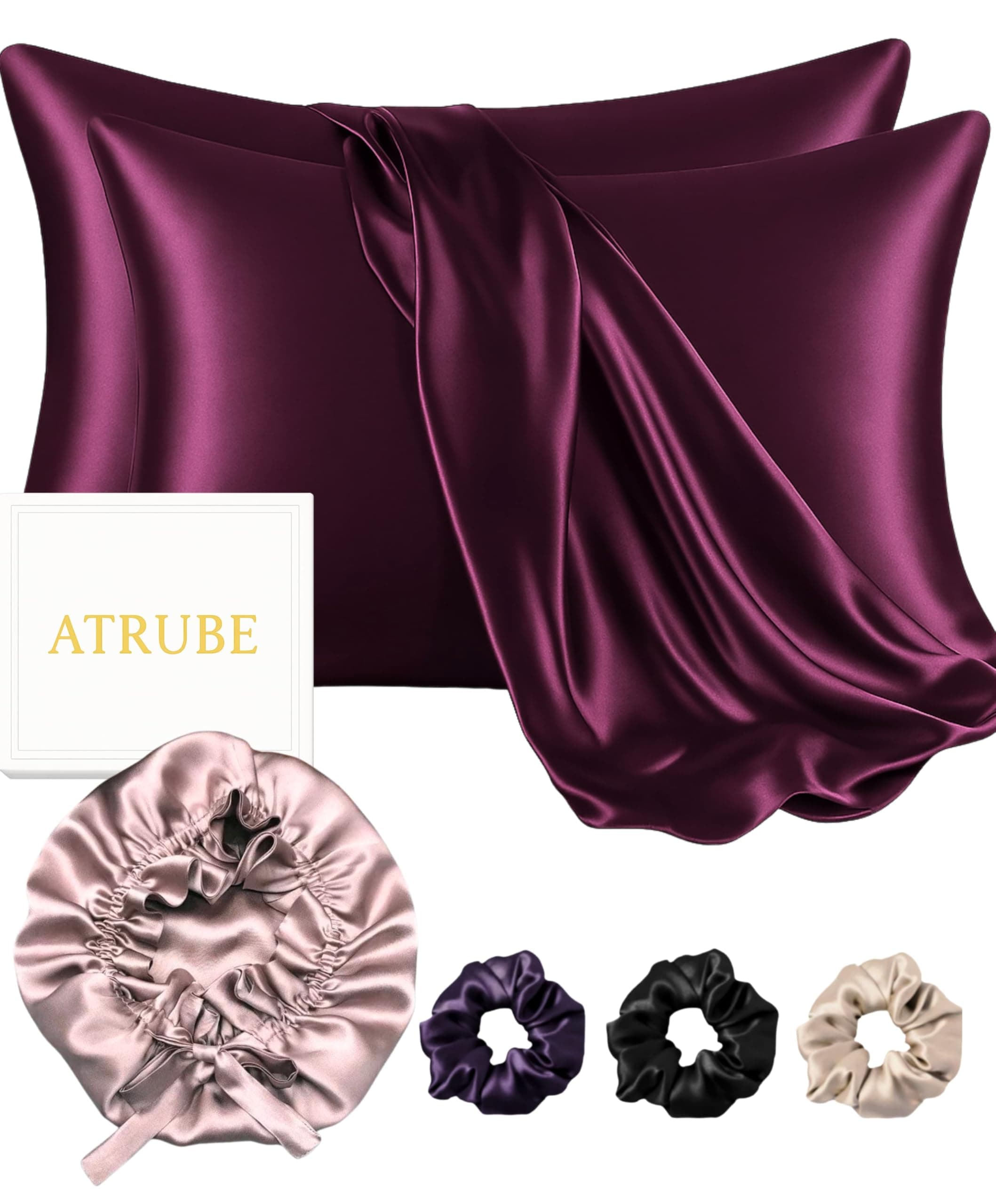 Atrube Satin Hair Bonnet with Adjustable Tie Band, Reversible Shower Cap,Shampoo Brush, Scrunchies, Rose Taupe