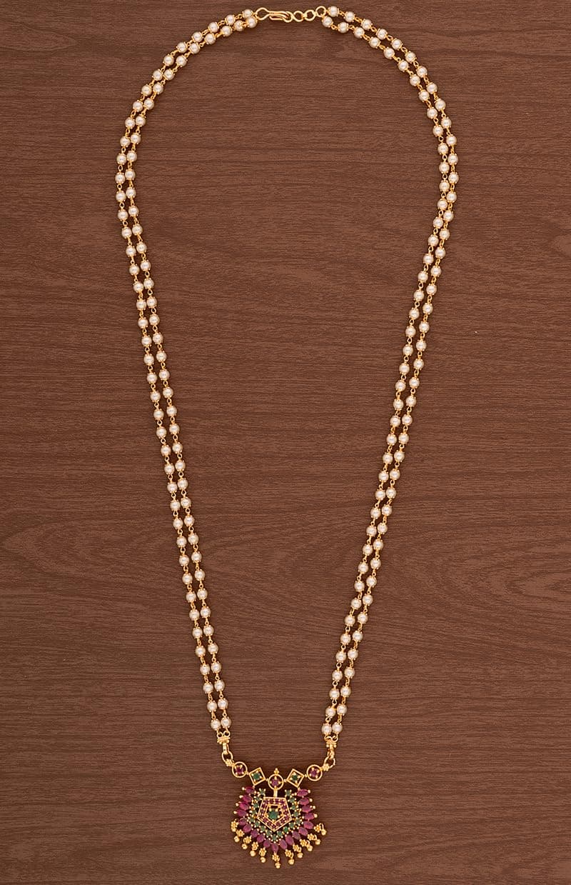Radha's Creations Pearl Medium length 2 line chain necklace 24" with ruby tiny pendant -no.1151 for women and girls