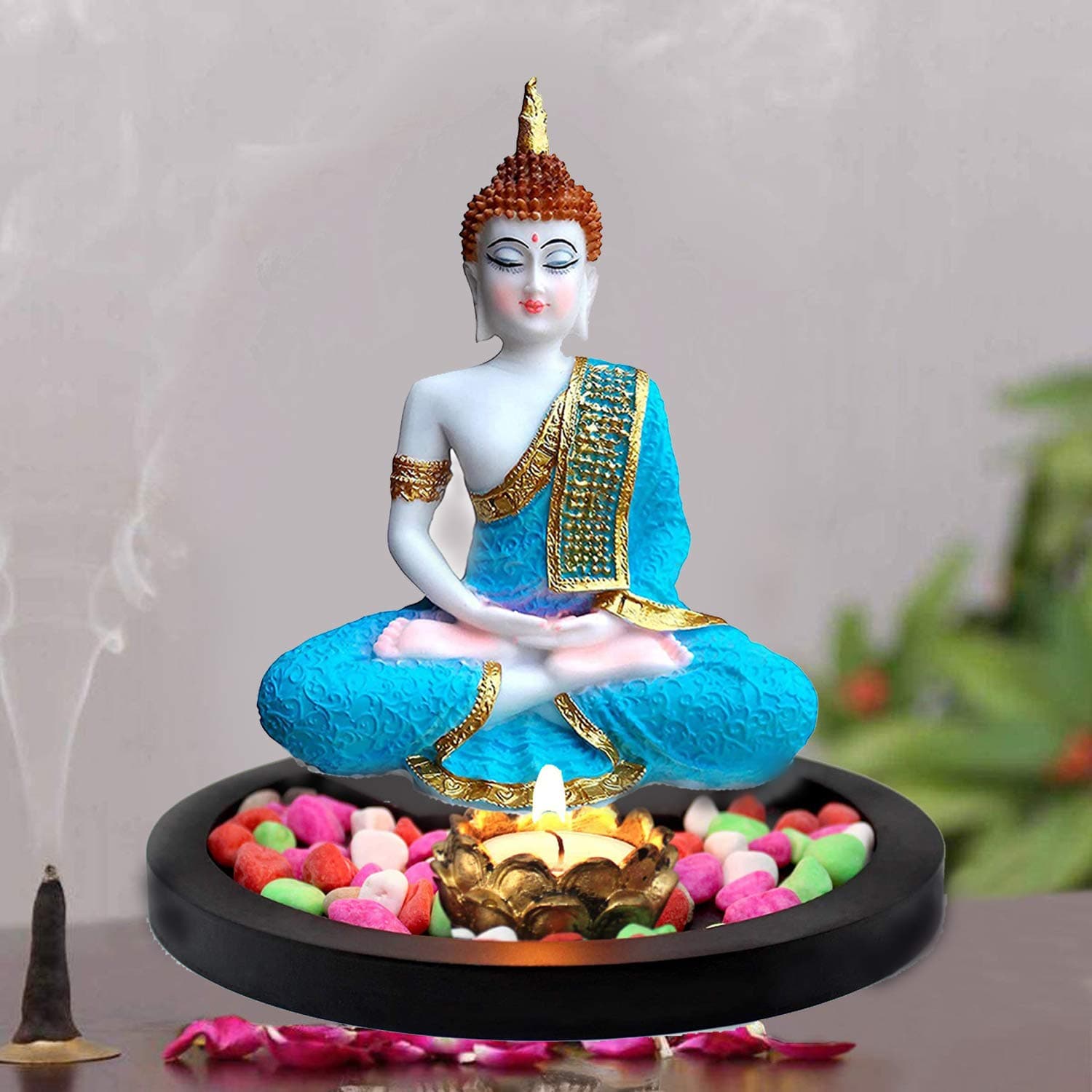 SN Handicrafts Sitting Buddha Idol Statue Showpiece- White and Sky Blue with Wooden Flowers Natural Stones Lotus Tealight Candle Holder and Wooden Tray for Living Room Home Décor and Gifts