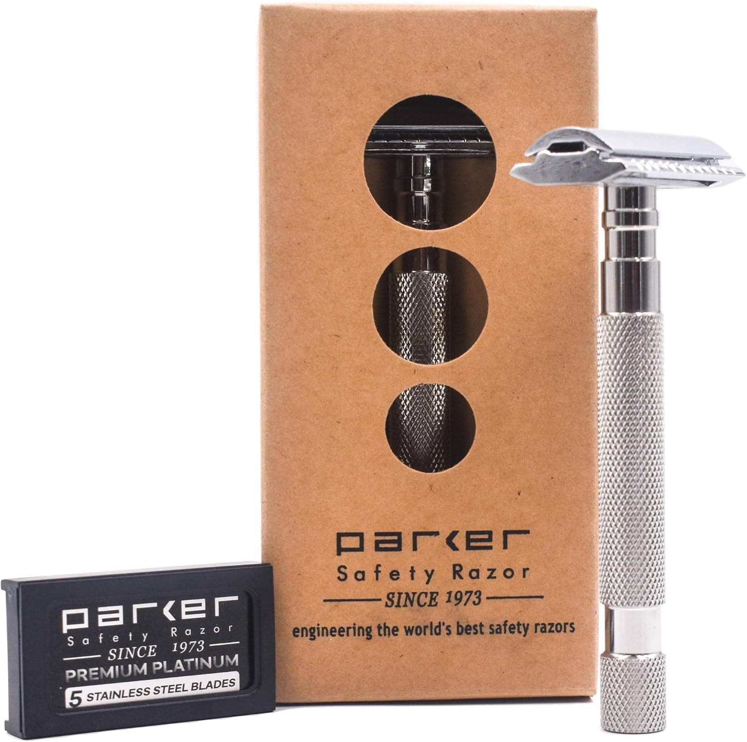 PARKER Safety Razor Men 64S Stainless Steel Handle Double Edge Safety Razor & 5 Premium Blades