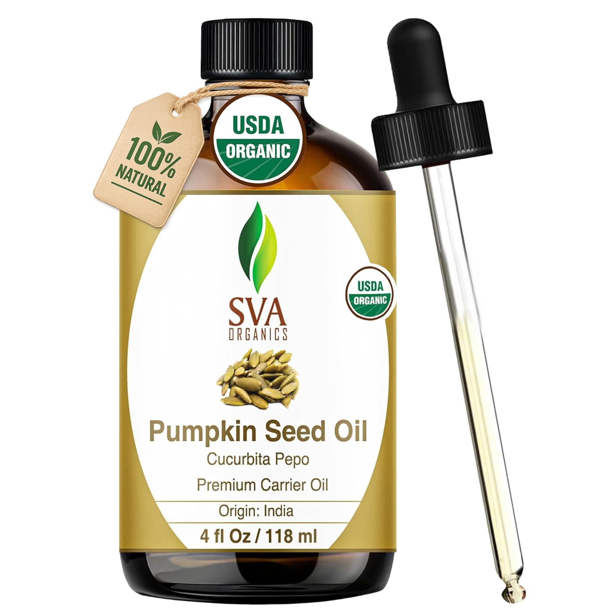 SVA Organics Pumpkin Seed Carrier Oil 4 Oz Organic USDA 100% Pure Natural Cold Pressed Unrefined Therapeutic Grade Oil for Skin, Hair, Body