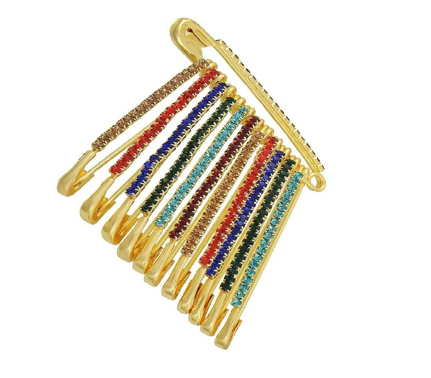VAMA Fashions Gold Plated Multicolor Rhinestone Safety Saree Pins Brooches Sweater Shawl Clips Faux Crystal Shiny Brooch Dupatta Patli Pallu Sewing Fancy Sarees Pin for Girls & Women