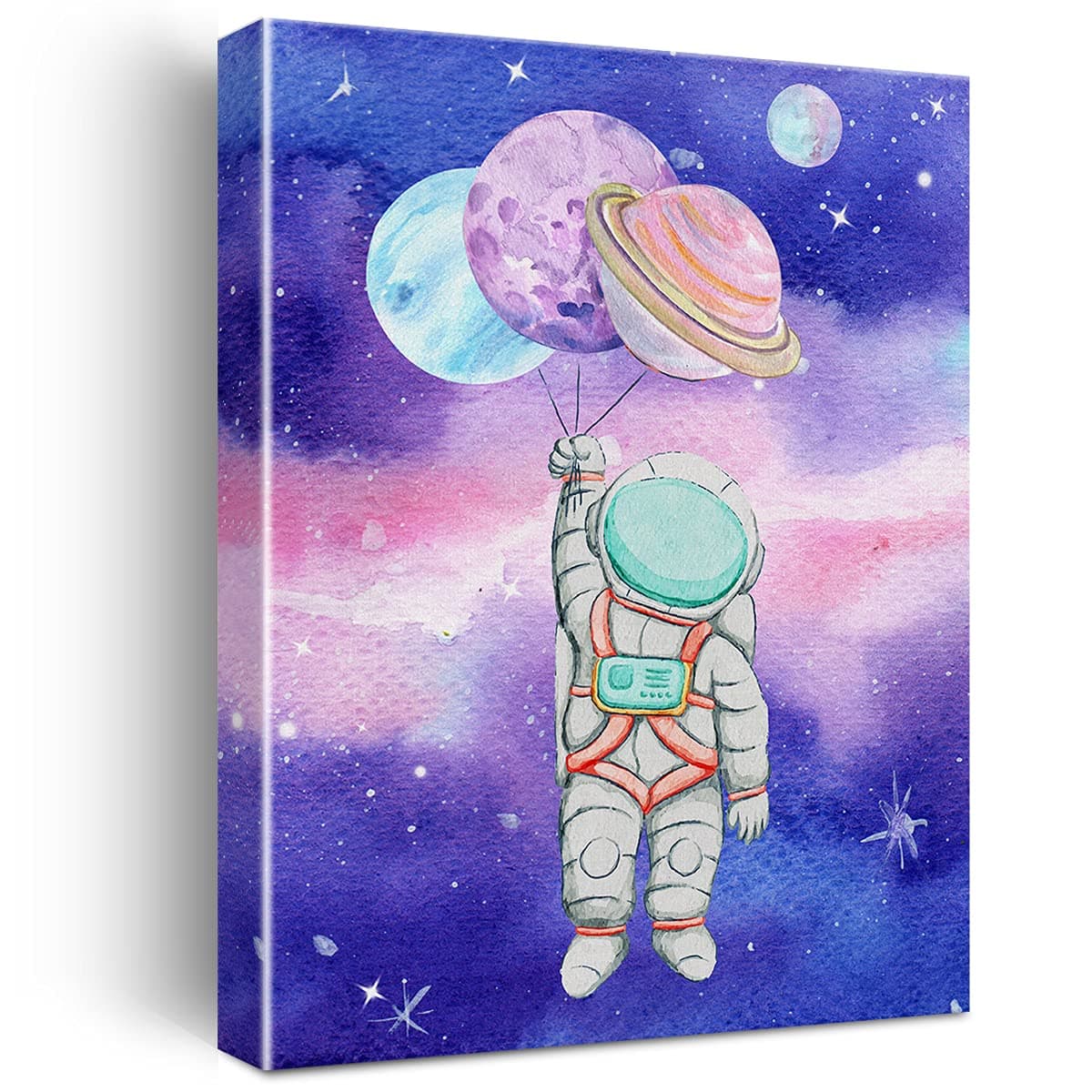 Outer Space Canvas Wall Art Watercolor Planet Astronaut Canvas Painting Prints for Home Kids Bedroom Nursery Wall Decor Framed Space Artwork Gifts(12x15 Inch)