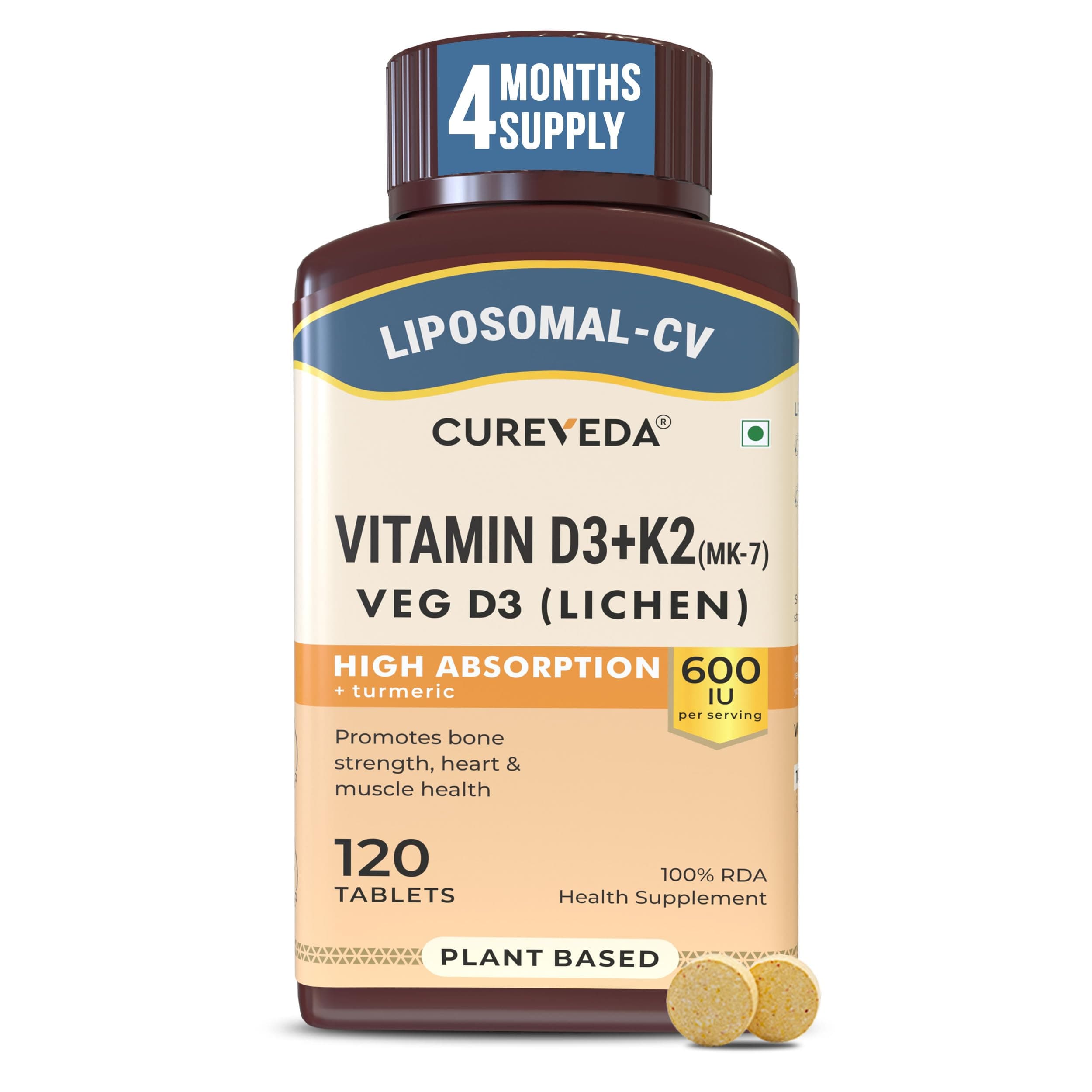Cureveda Liposomal Vitamin D3 600 IU + Vitamin K2-7 & Turmeric, 120 Tablets
