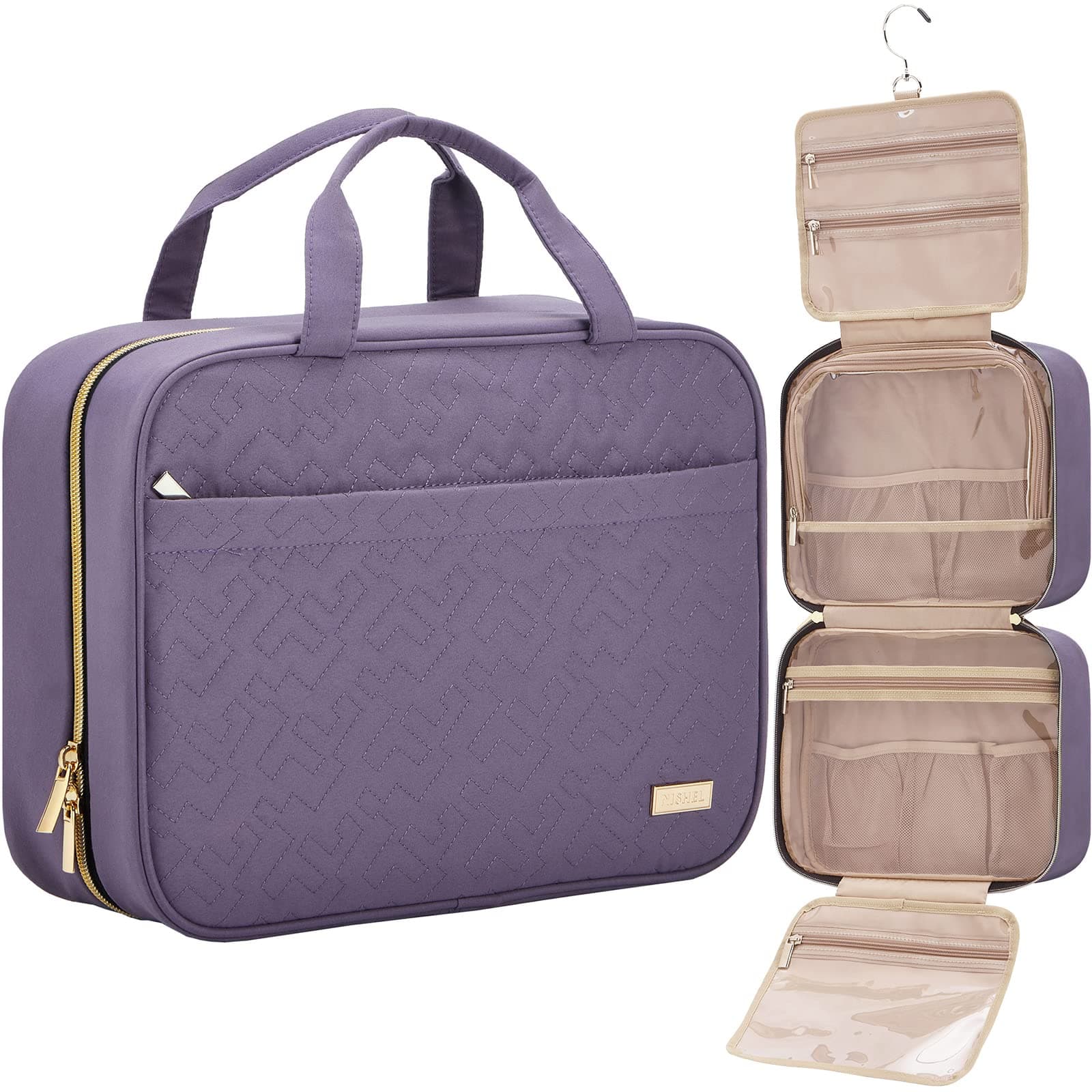 NISHEL Travel Toiletry Bag for women, Portable Hanging Organizer for Full-Sized Shampoo, Conditioner, Brushes Set, Travel-Size Accessories, Purple, Large, Stylish