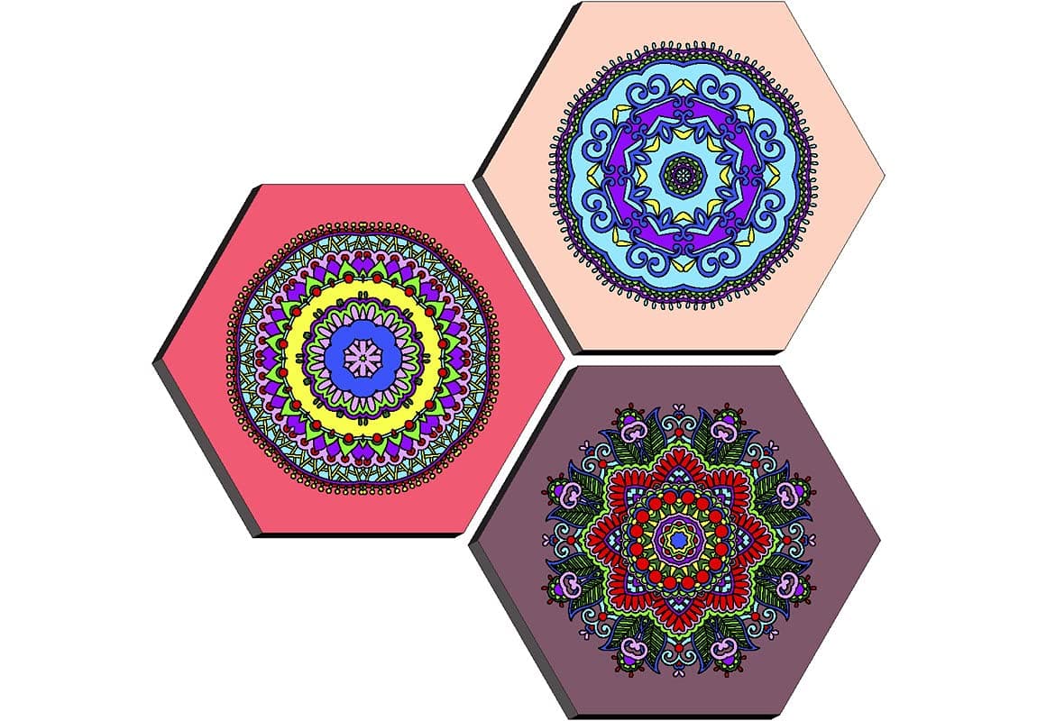 SAF paintings Set of 3 Hexagon Rangoli modern art MDF Board UV Textured Painting 17 Inch X 17 Inch SANFHXS30385