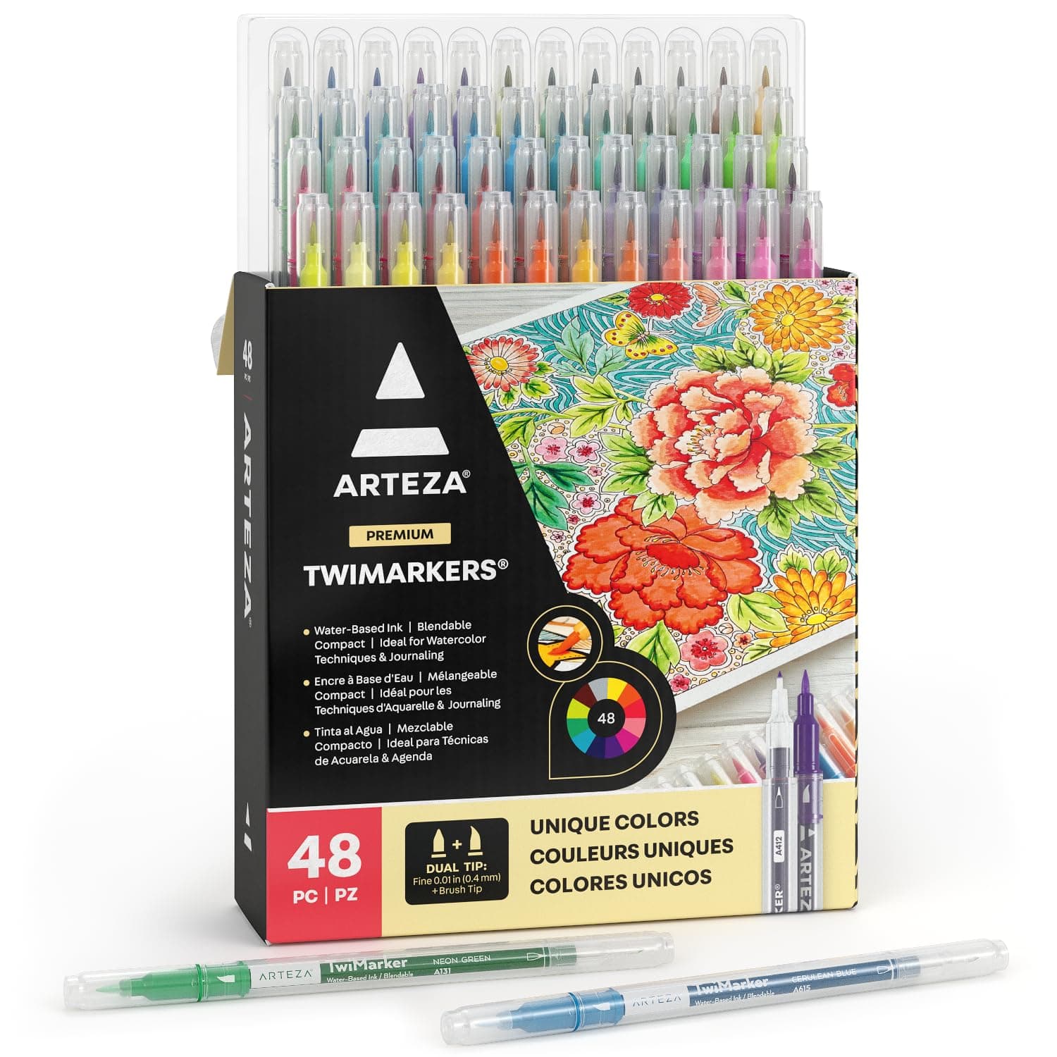 ARTEZA TwiMarkers, Set of 48 Colors, Dual Tip Sketch Markers, with Fine & Brush Tips, Pens for Coloring, Calligraphy, Sketching, Doodling, Drawing, Journaling, Hand Lettering & Painting