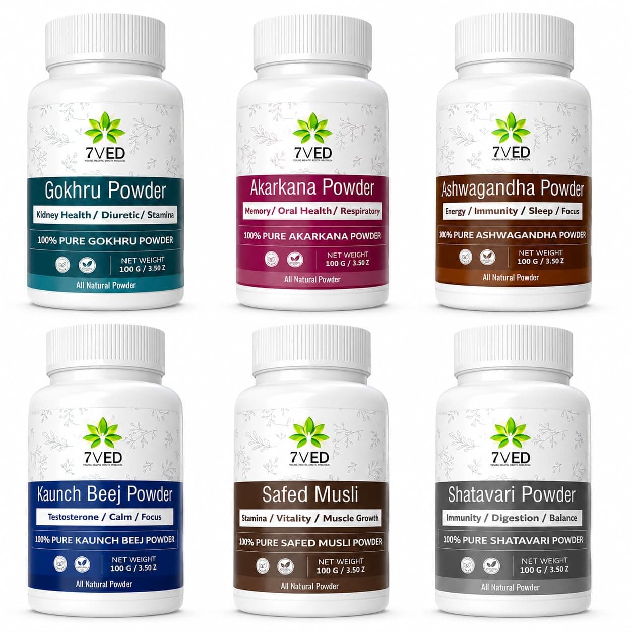 7VED Herbal Combo Pack with Ashwagandha, Shatavari, Safed Musli, Kaunch Beej, Gokhru & Akarkara Powder – 6 x 100g Pure Ayurvedic Herbal Powder for Daily Wellness, Strength, Stamina & Vitality Support