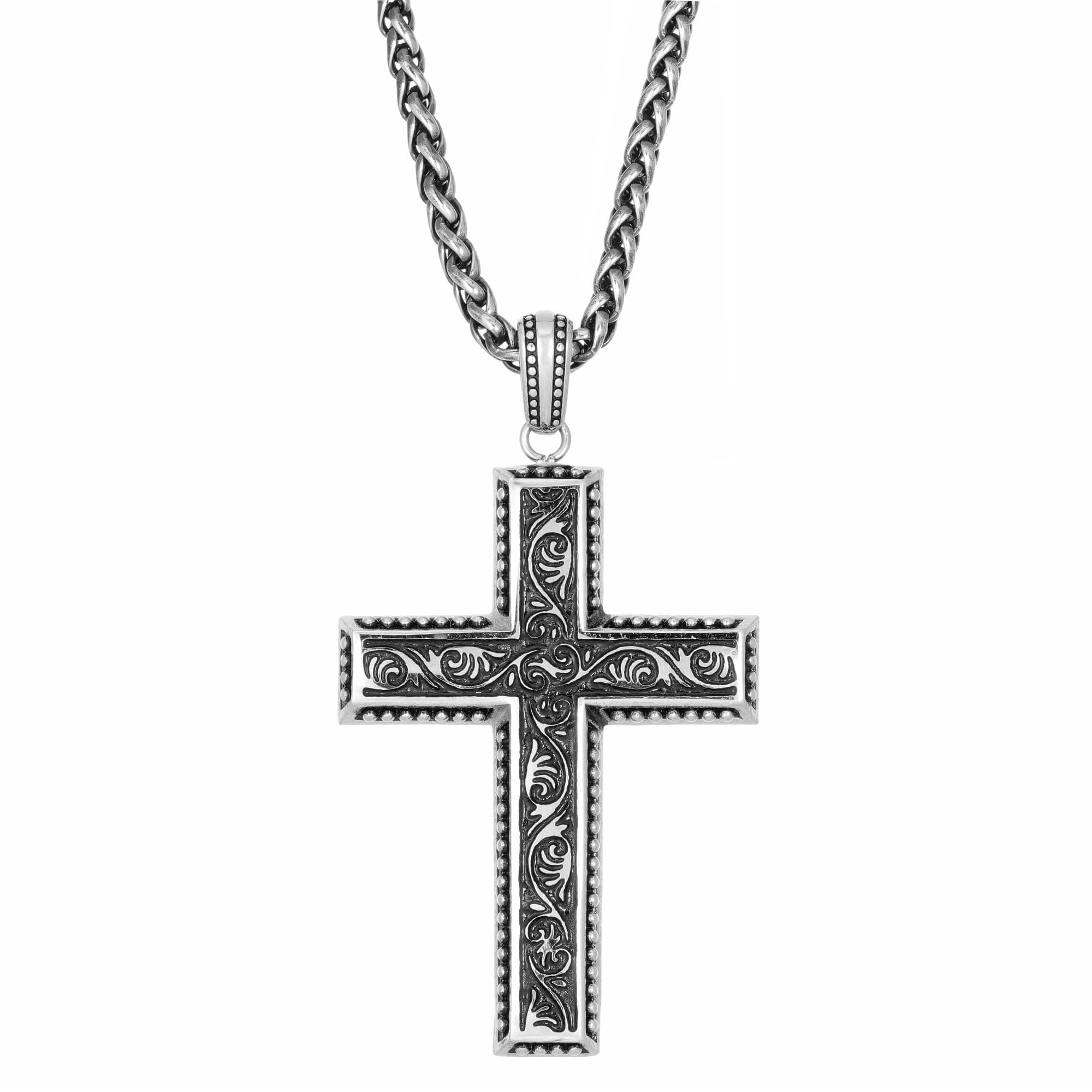 Metro Jewelry Mens Stainless Steel Antique Finish Cross On 24" Wheat Chain