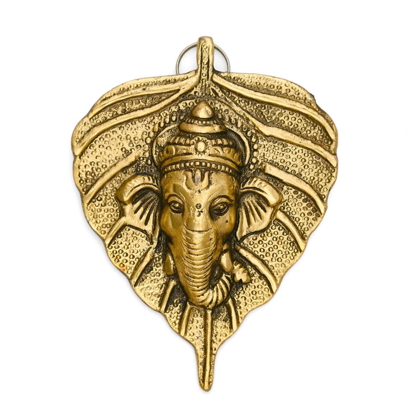 Collectible India Aluminum religion;figures Ganesha On Leaf Wall Hanging Sculpture, Golden, 5'' x 4''