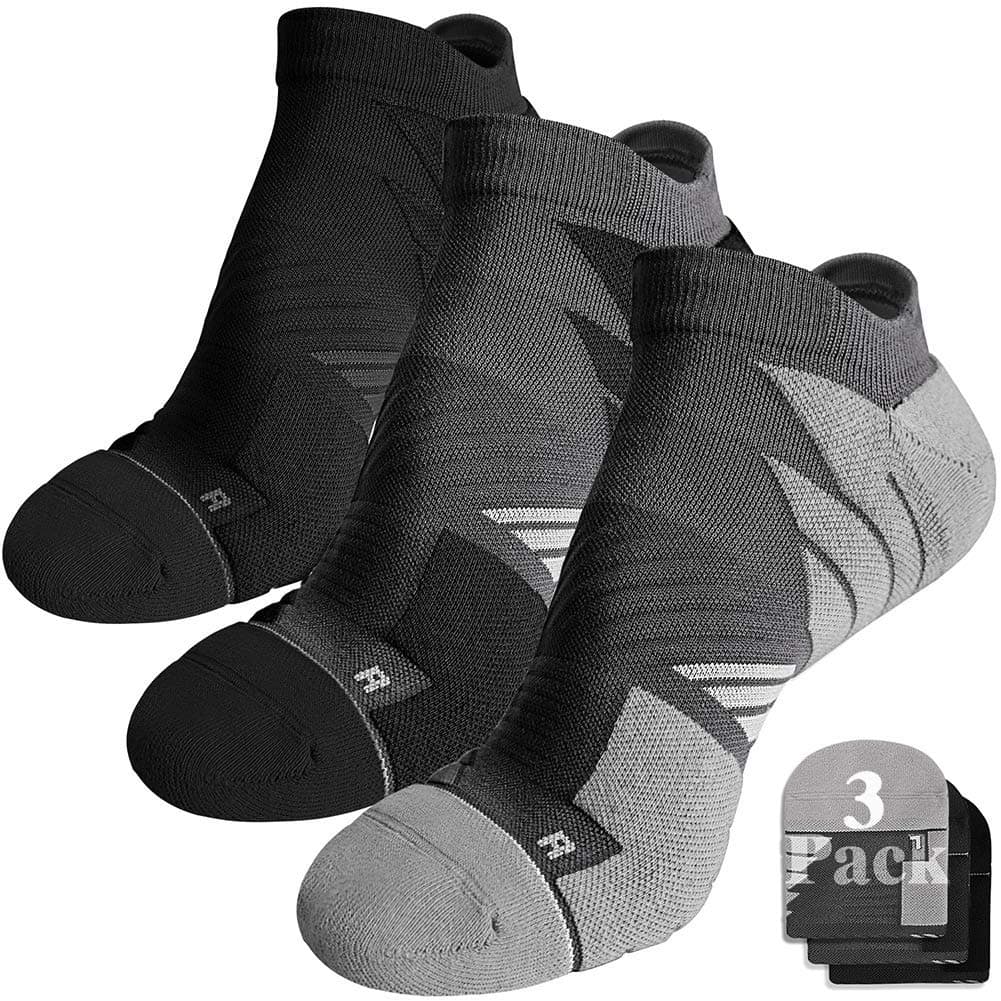 No Show Running Socks Men, Hylaea Moisture Wicking Athletic Tab Socks, No Blister, Coolmax Cushion Padded, ideal for Sports, Golf, Runner, Gym, Workout, Tennis, Low Cut, Gray Black Large, 3 Pairs