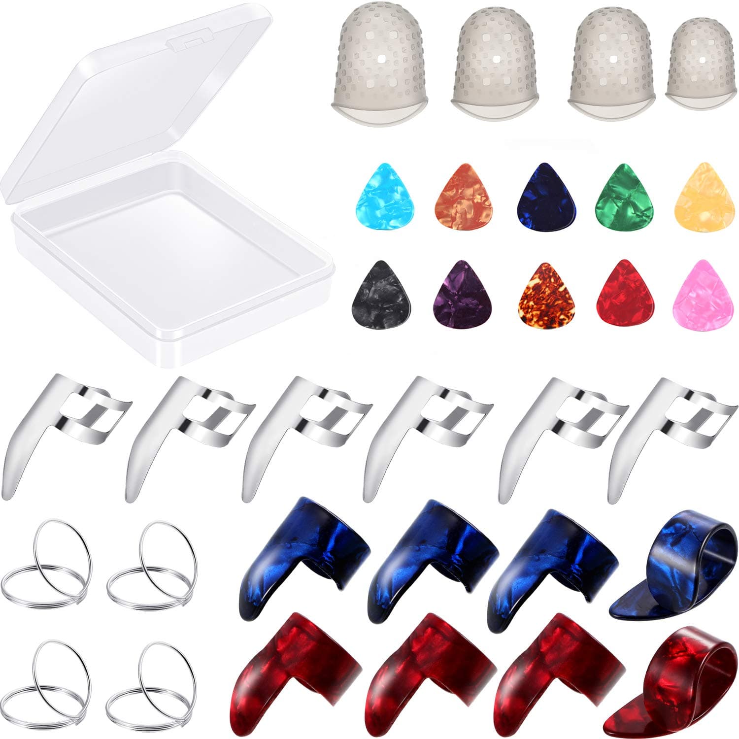Boao 34-Piece Guitar Accessory Kit: 18 Finger Picks, 12 Guitar Picks, 4 Finger Protectors, Clear Storage Box - Suitable for Acoustic Guitar, Bass, Banjos, Resonator - Silicone, Glossy Finish