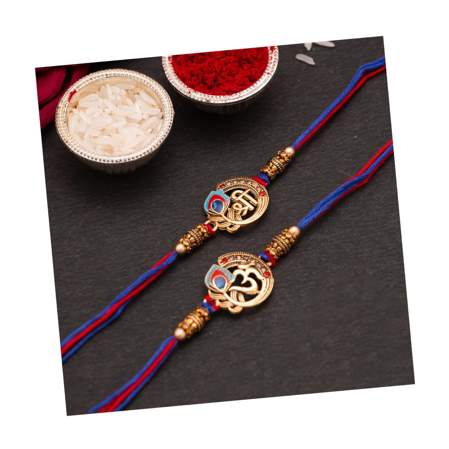 CraftVatika Designer Rakhi for Brother Bhaiya Om Rakhi for Bhai with Greeting Card Shri Mor Pankh for Bhaiya Set of 2 for Rakshabandhan Combo