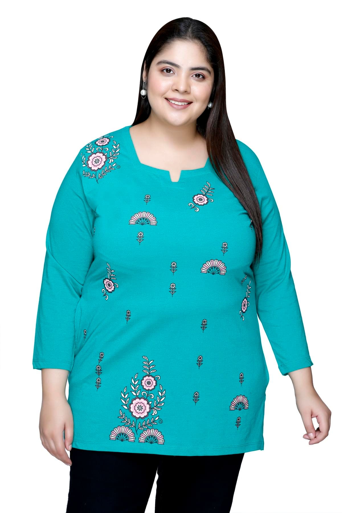 In Love Women's Graphic Printed Cotton Plus Size Longline T-Shirt Full Sleeves Petrol Green 3XL