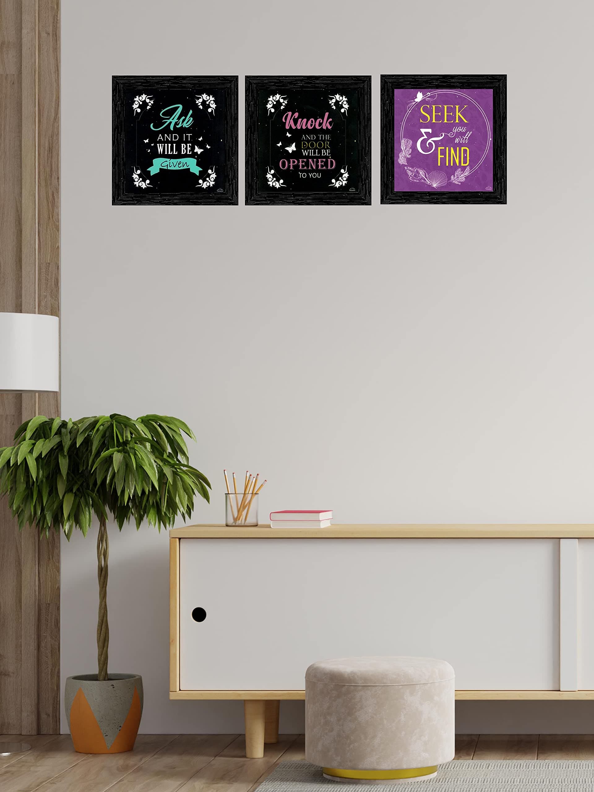 Indianara Set of 3 Spritual Quotes Framed Wall Hanging Laminated Paintings Matt Art Prints 9.5 inch x 9.5 inch each without Glass (1168BK)