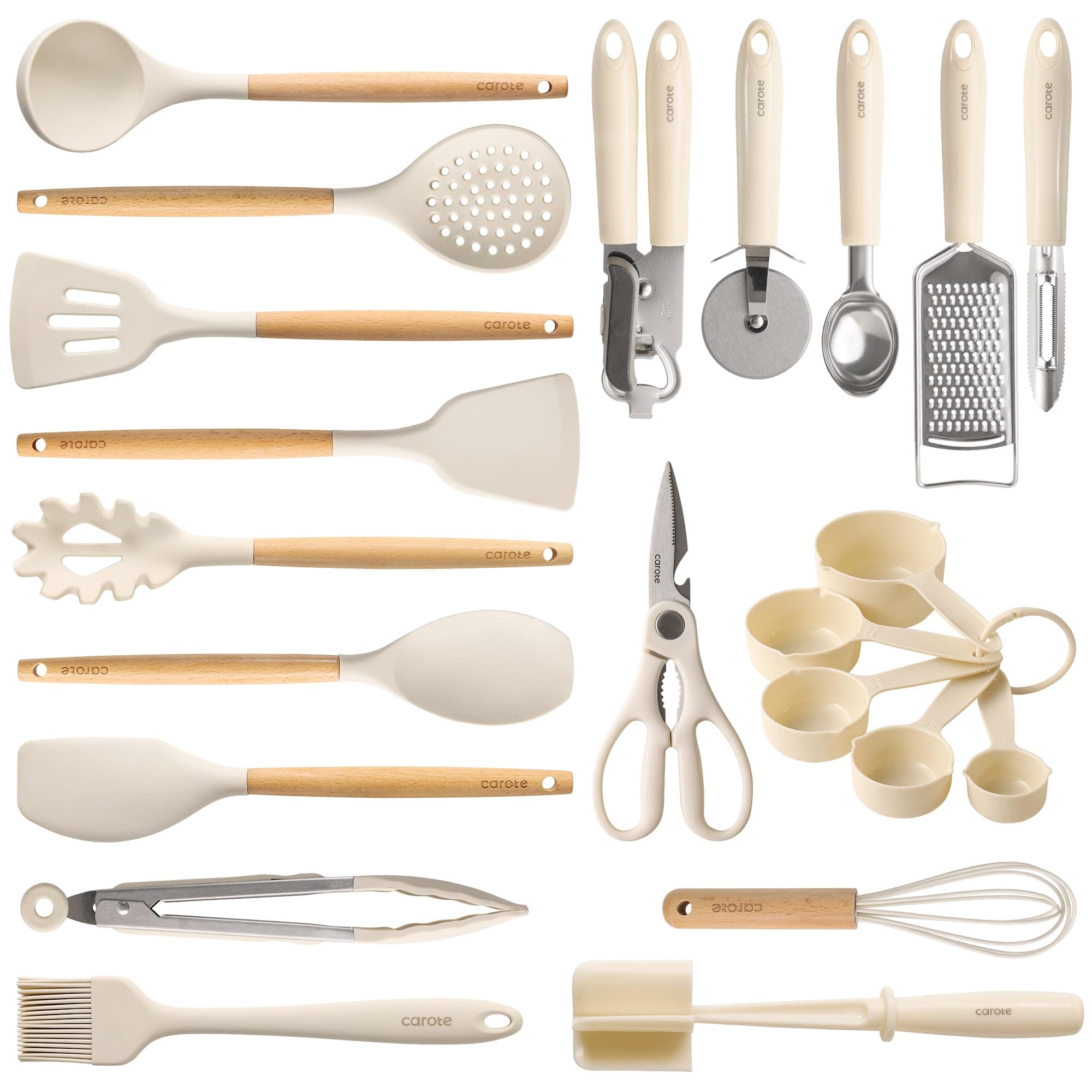 CAROTE 22-Piece Cooking Utensils Set with Wood Cool-Touch Handles, Cream