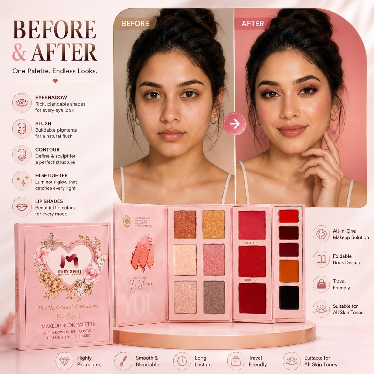 Mimisaki 5-in-1 All-in-One Makeup Book Palette | Eyeshadow, Blush, Highlighter, Contour & Lipstick Kit | Long Lasting & Portable Makeup Set for Women