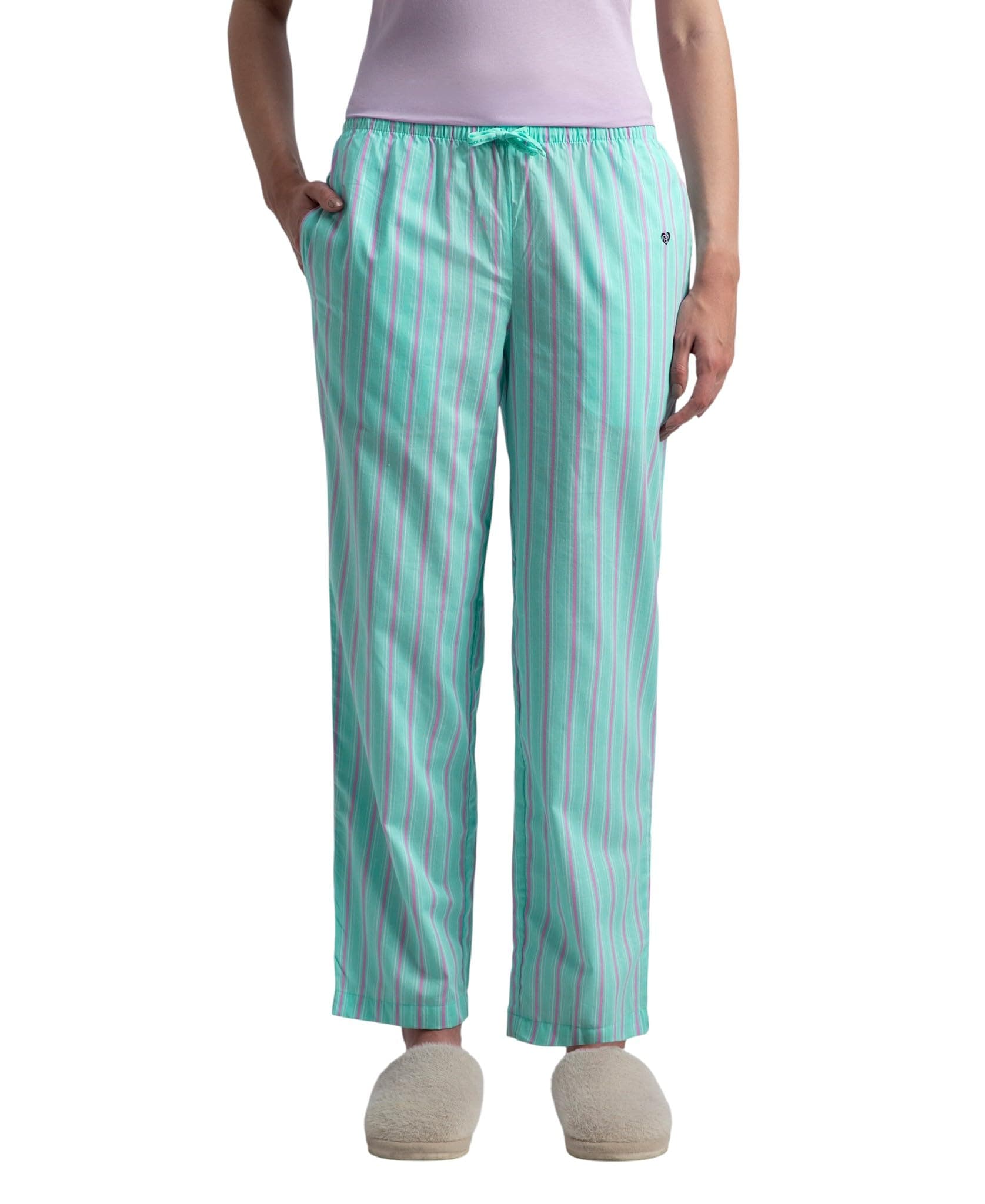 Jockey RX06 Women's Super Combed Cotton Woven Fabric Relaxed Fit Striped Pyjama with Side Pockets (Prints & Pattern May Vary)_Aqua Sky_S