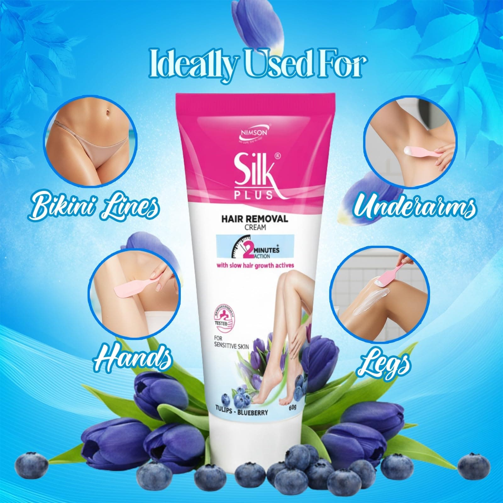 Nimson Silk Plus Hair Removal Cream No Ammonia Smell For Sensitive Skin Suitable for Legs, Underarms, Bikini Line & Arms Long Lasting Smooth Skin - 60g