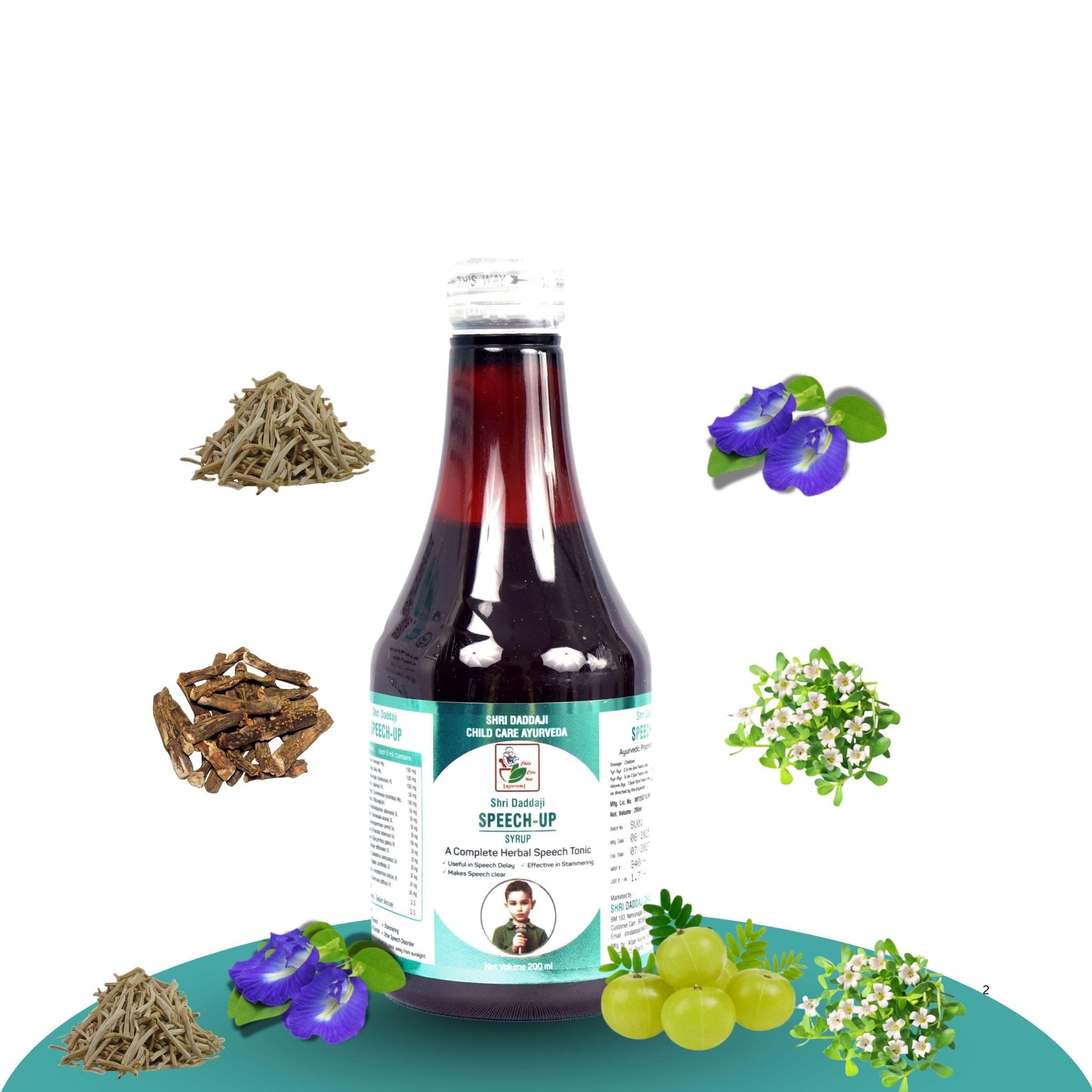 Shri Daddaji Speech-Up Syrup, 200ml, Ayurvedic Herbal Speech Tonic with Vacha, Brahmi and Shankhpushpi, Useful in Speech Delay, Makes Speech Clear