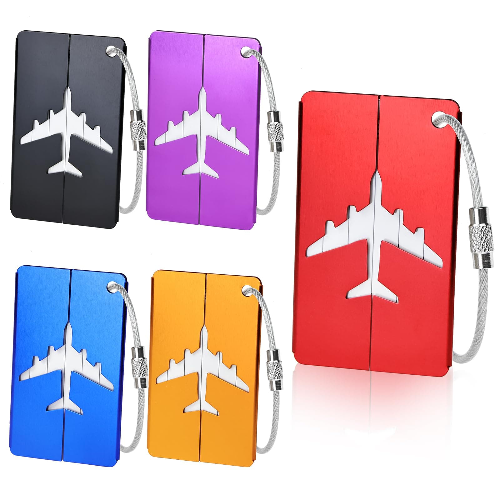 Skaaisont 5 Pcs Luggage Tags, Aluminium Suitcase Tags with Steel Loop and Waterproof Name ID Card for Travel Bag, Checked Luggage, Suitcases, Laptop Bags, Backpacks (7.5 x 4.5 cm, 5 Colours)