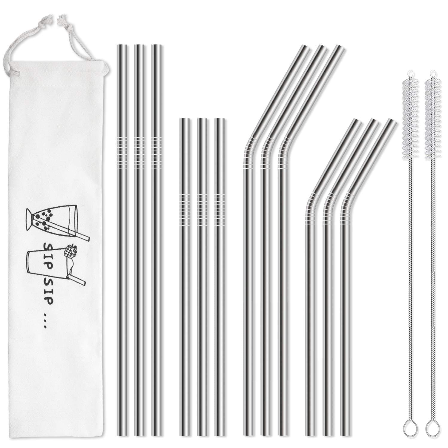 Hiware 12-Pack Stainless Steel Metal Straws with 2 Cleaning Brush - Reusable Drinking Straws for 30oz / 20oz Tumblers Yeti