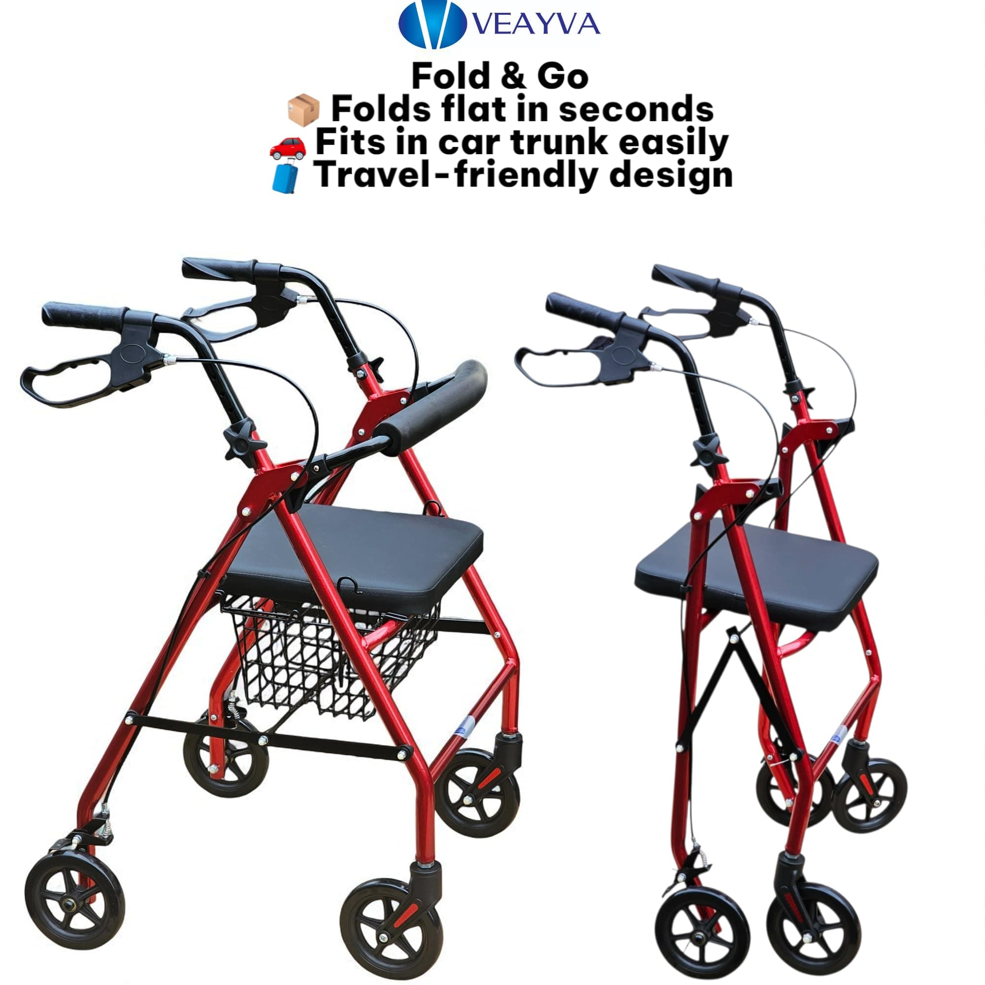 Veayva Rollator Walker with Seat & Wheels - Lightweight, Foldable, Adjustable Handles