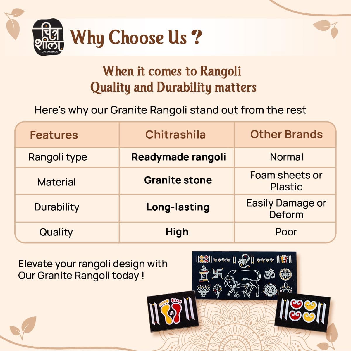 CHITRASHILA Stone Chaitrangan Rangoli on Granite Tiles 12 X 6 inch,Traditional Vastu Items,Gau MATA,Swastik,Om,Tulsi,Shankh for Home Decor,Pooja Mandir,Door Entrance| Ready-to-Use & Low Maintenance