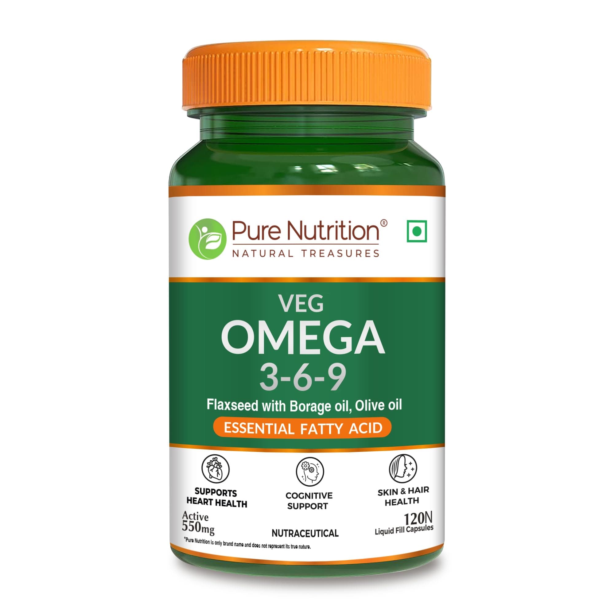 Pure Nutrition Vegan Omega 3-6-9 (550mg) - 120 Capsules for Men & Women | Flaxseed with Borage & Olive Oil | Supports Heart, Skin, Joint & Muscle Health | Plant-Based Omega for Overall Wellness
