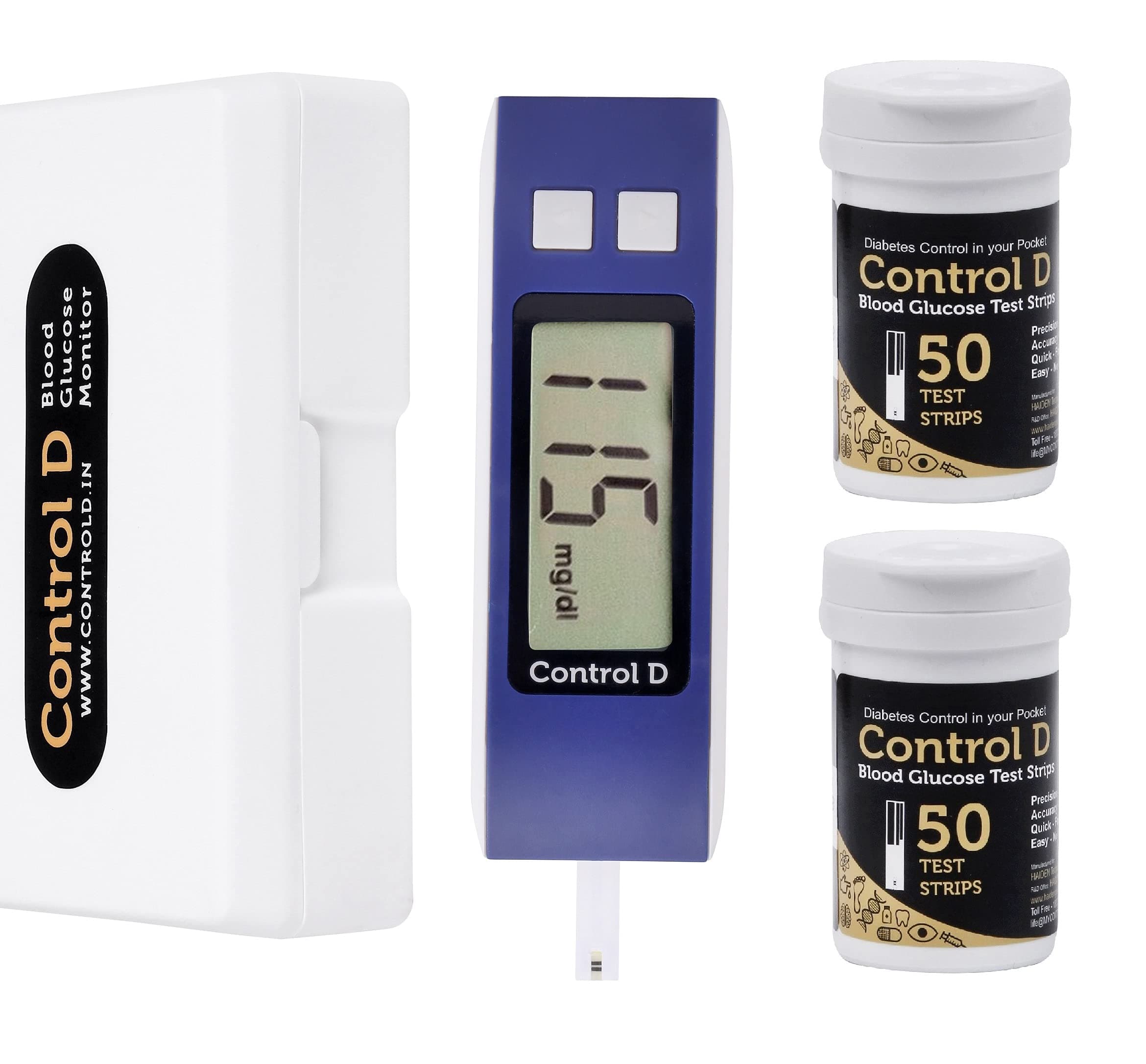 Control D Blue Glucose Blood Sugar testing Machine with 100 Strips Glucometer