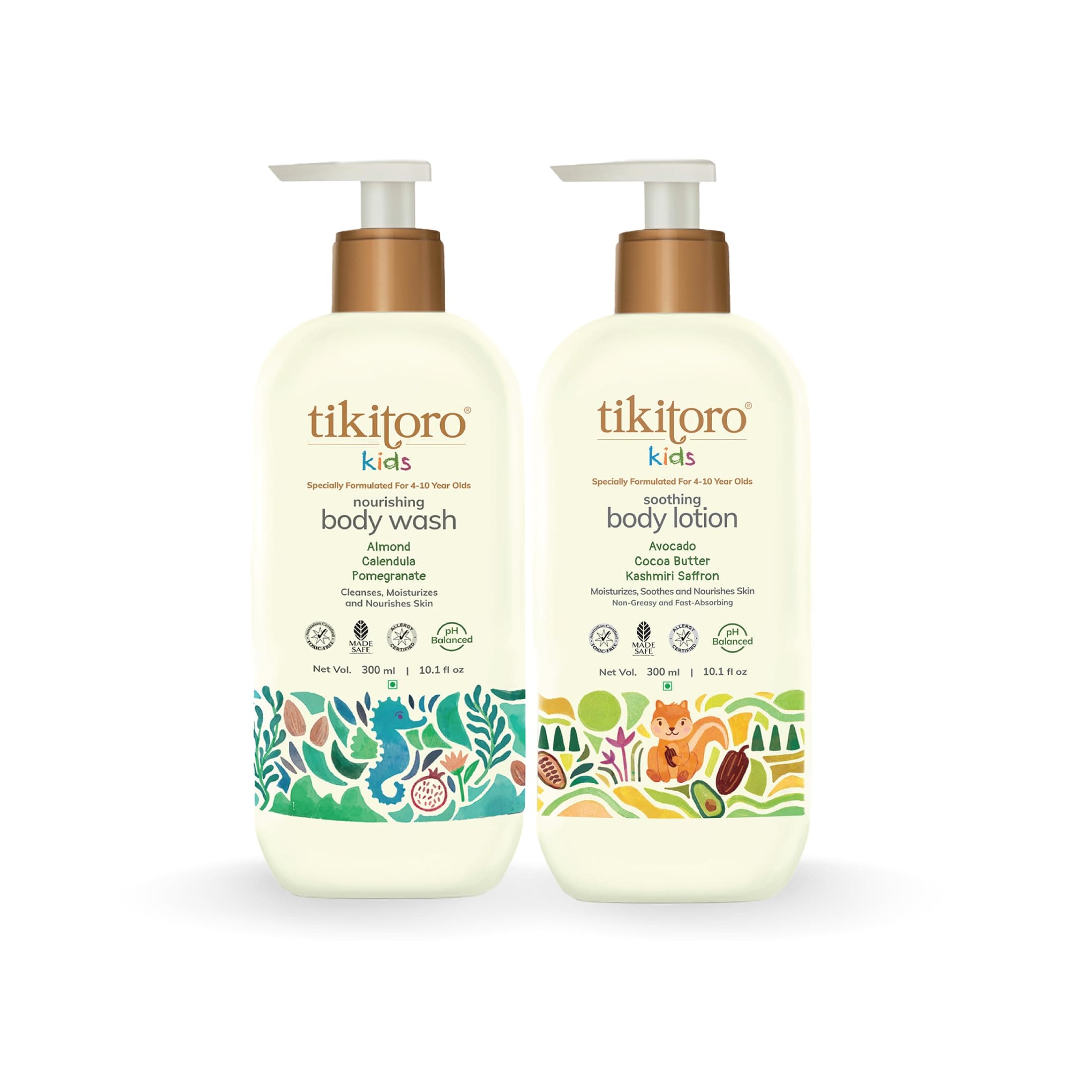 Tikitoro Kids Body Combo Pack | 100% Vegan with Nourishing Body Wash & Soothing Body Lotion | No Parabens & Sulphates | Gift Combo Pack (Age: 4+) (300 ml x 2)
