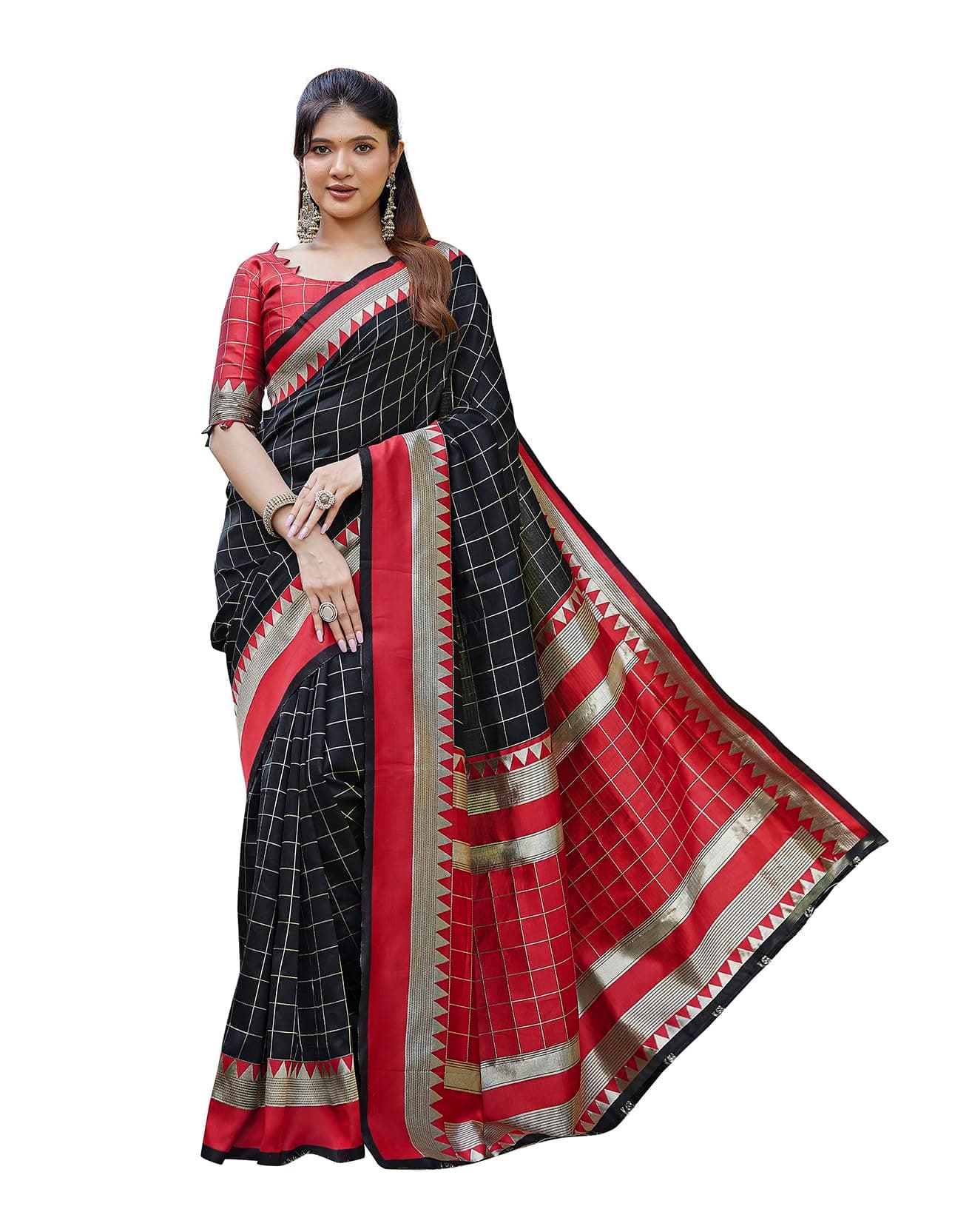 Yashika Women's Banarasi Kanjivaram Art Silk Saree|Sarees for Women (AZ-YS-P1-CHECKS BLACK)