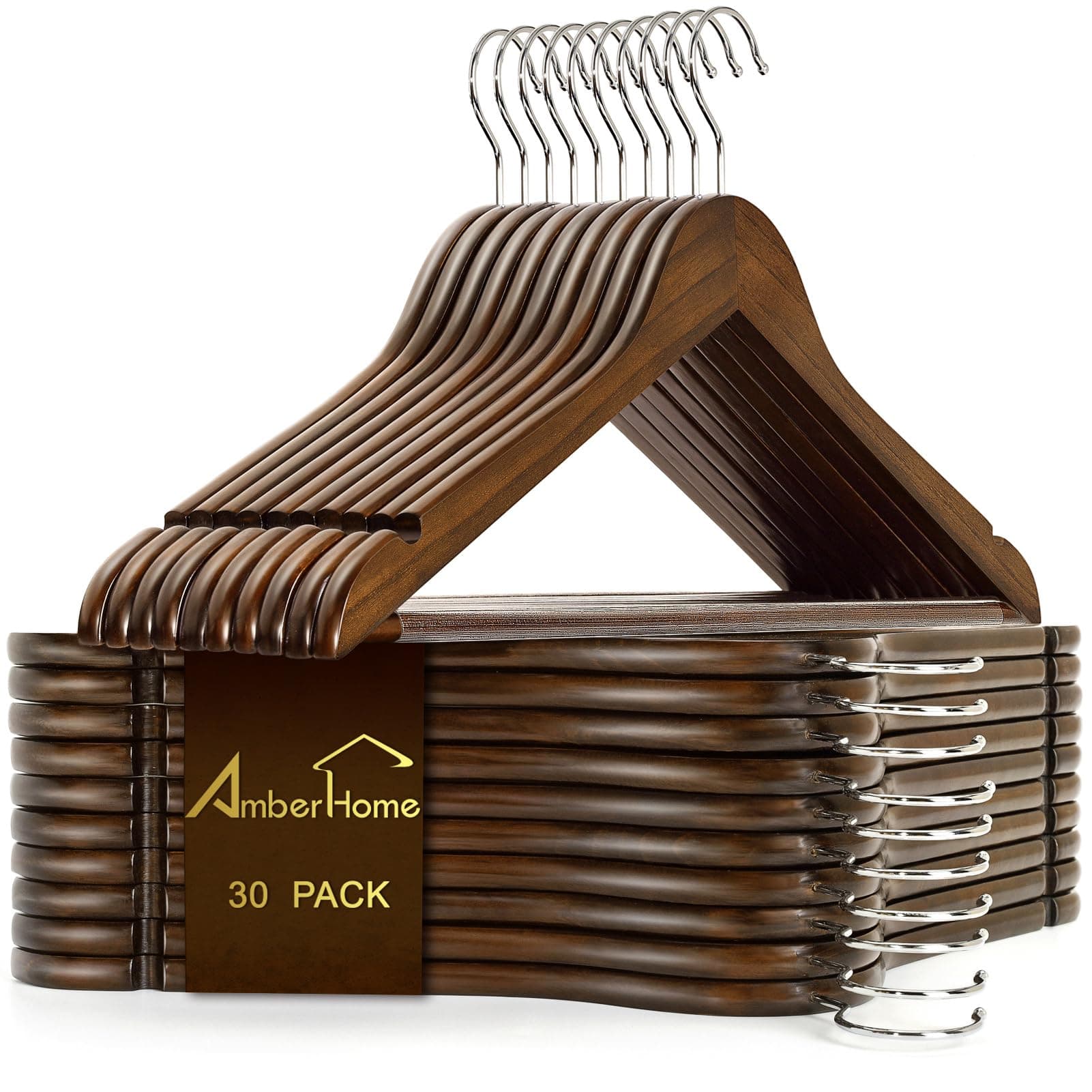 Amber Home Solid Wood Suit Coat Hangers 30 Pack, Smooth Retro Finish Wooden Dress Hangers with Non Slip Pant Bar, Clothes Hangers with 360 Swivel Hook & Notches for Jacket, Pant, Shirt (Retro, 30)