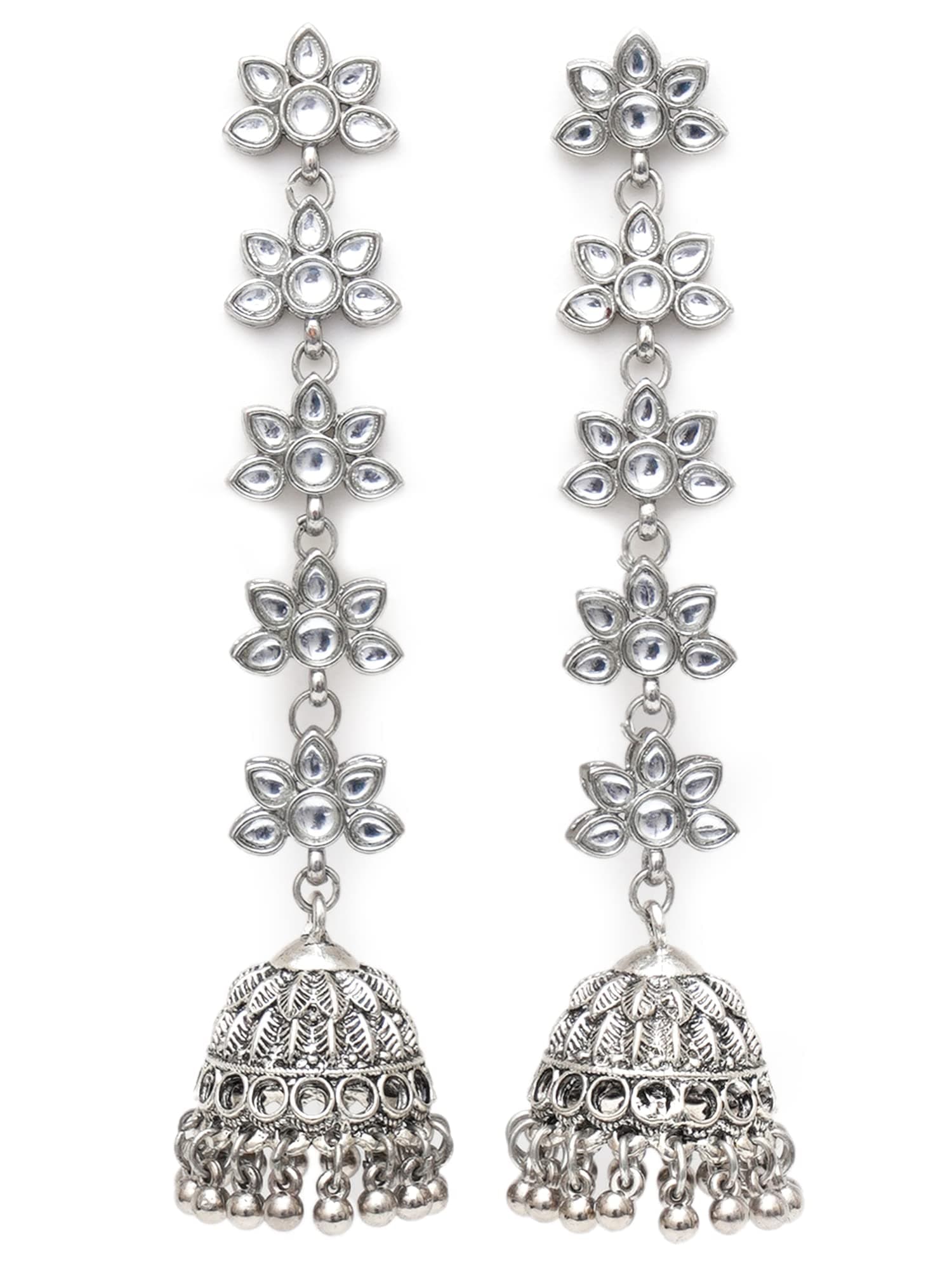 Karatcart Women Oxidised Silver Kundan And Silver Balls Studded Jhumki Earrings|11cm, Width: 2.5cm