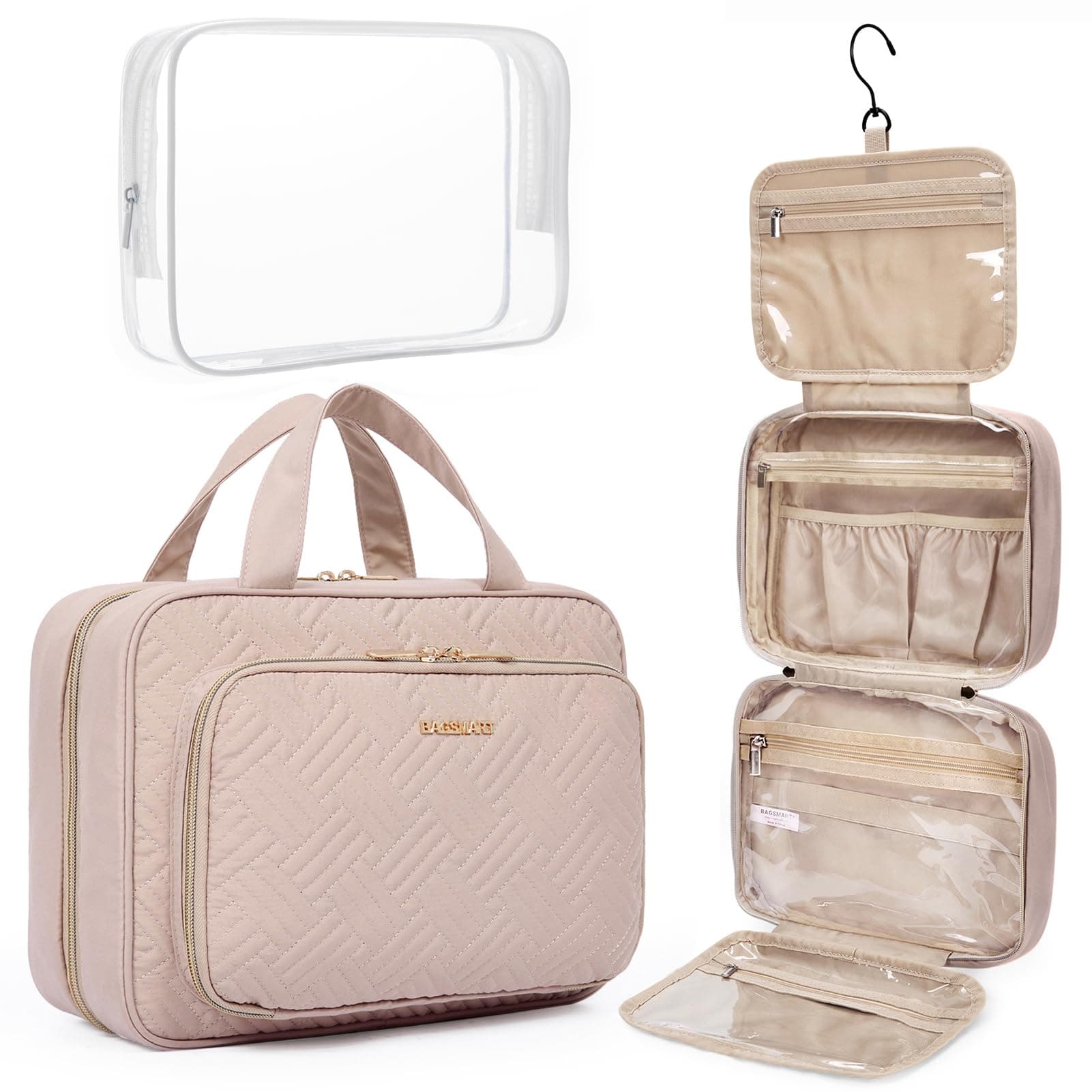 BAGSMART Polyester Toiletry Bag Hanging Travel Makeup Organizer with TSA Approved Transparent Cosmetic Bag Makeup Bag for Full Sized Toiletries, Large-Pink