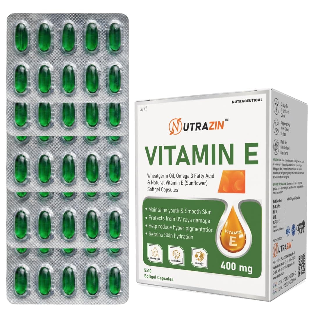 NUTRAZIN Vitamin E 400 mg Capsules with Wheatgerm Oil & Omega 3 | Vitamin E Capsules for Face and Hair | Antioxidant Support | 50 Softgels