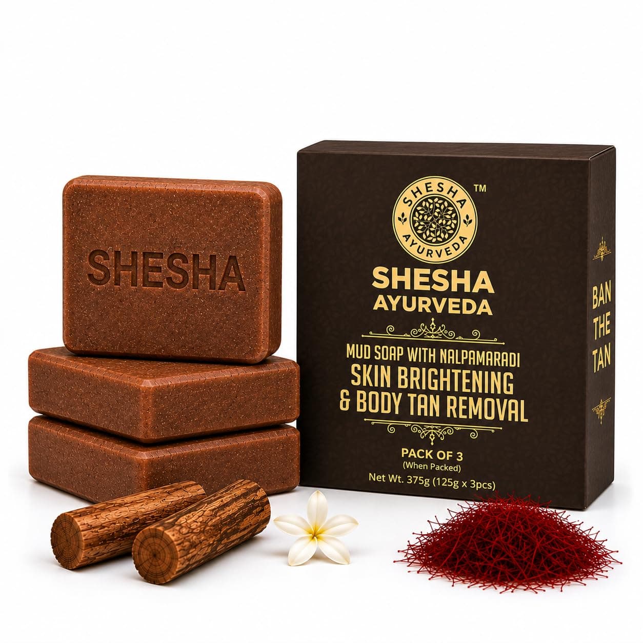 SHESHA AYURVEDA MUD SOAP | Magic Soap for Removing Tan | Skin Brightening Soap Bar | Deep De-Tan | 125G (Pack Of 3)