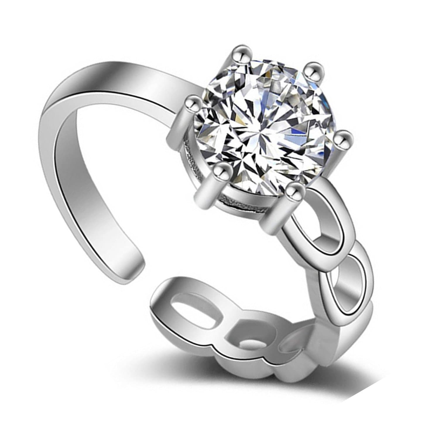 Om Jewells White Rhodium Plated Adjustable Solitaire Finger Ring for Girls and Women